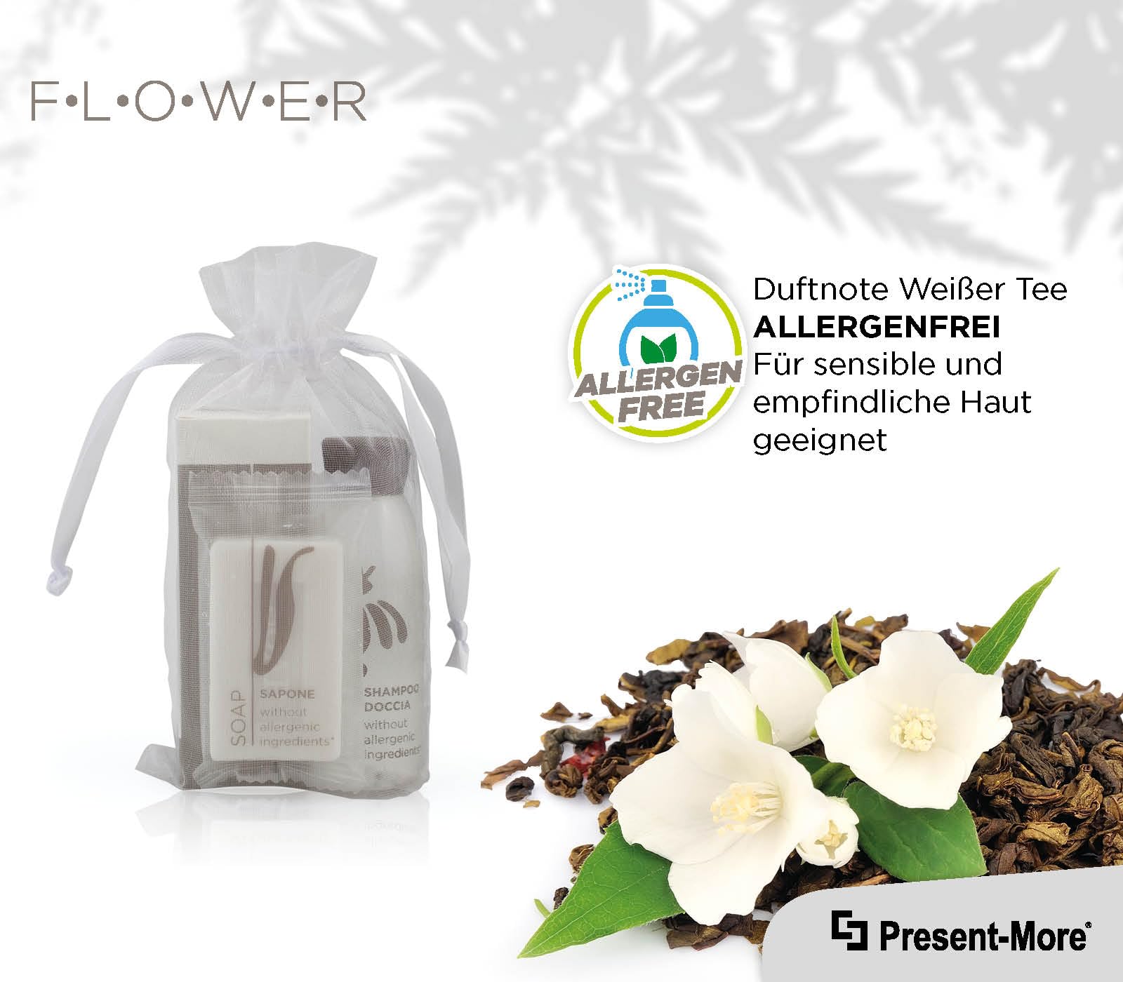 Present-More Amenities Kit Flower - Prestige Kit Toilettenartikel 100 Gäste für Hotels und B&B | Allergenfreie Amenities Kit mit Duftnoten von weißer Tee
