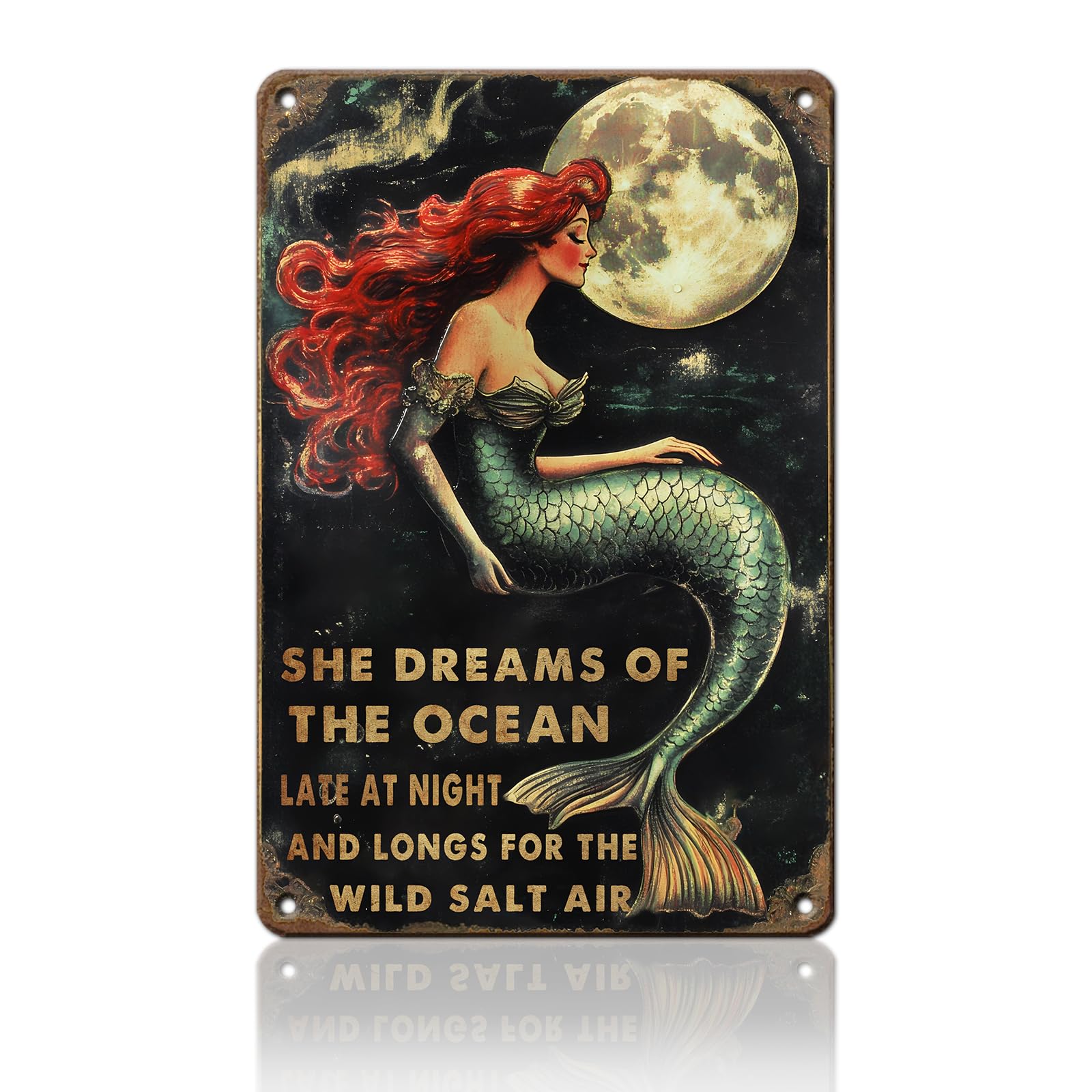 Anceky Mermaids She Dreams Of The Ocean Metal Sign Retro Tin Sign Wall Decor for Farmhouse Kitchen Cafe Home Yard 12×16 Inch