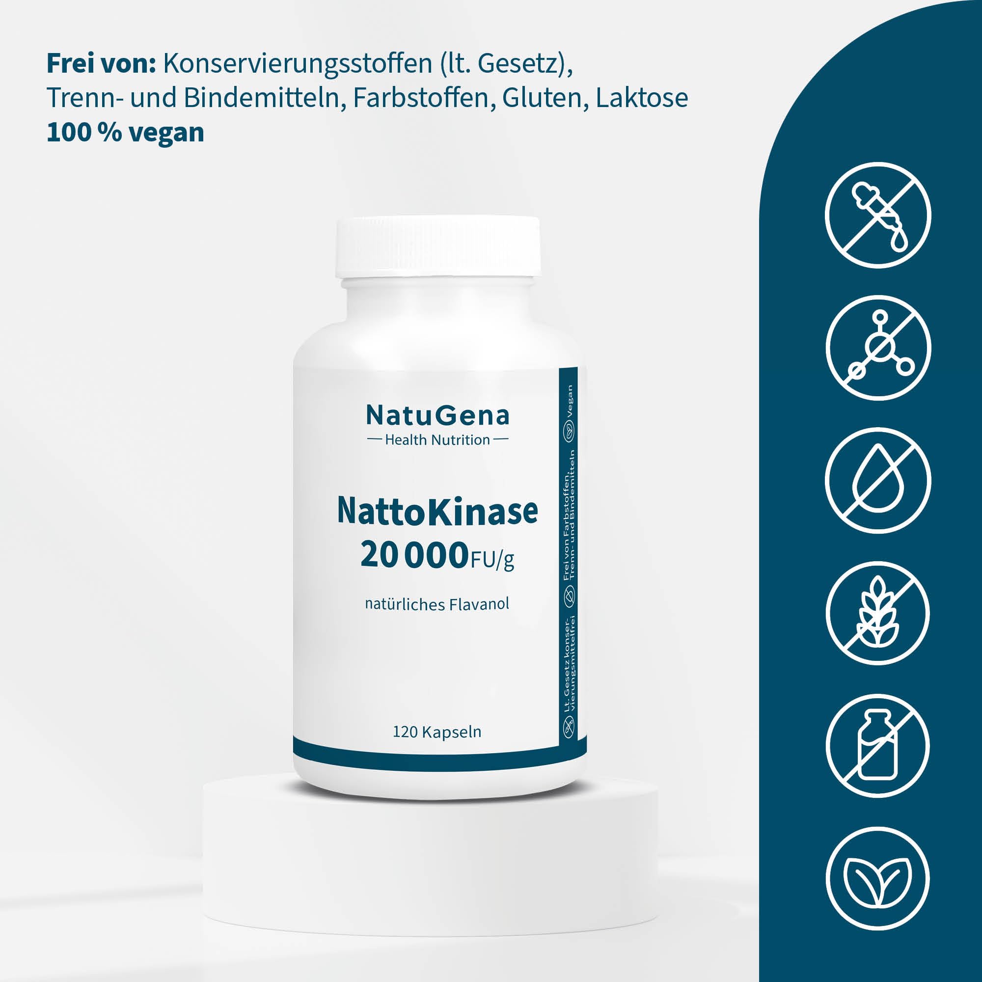 NatuGena NattoKinase, 100 mg (20.000 FU/g) Tagesdosis, trägt zu einer Kollagenbildung für eine normale Funktion der Blutgefäße bei,120 Kapseln/60 Tage