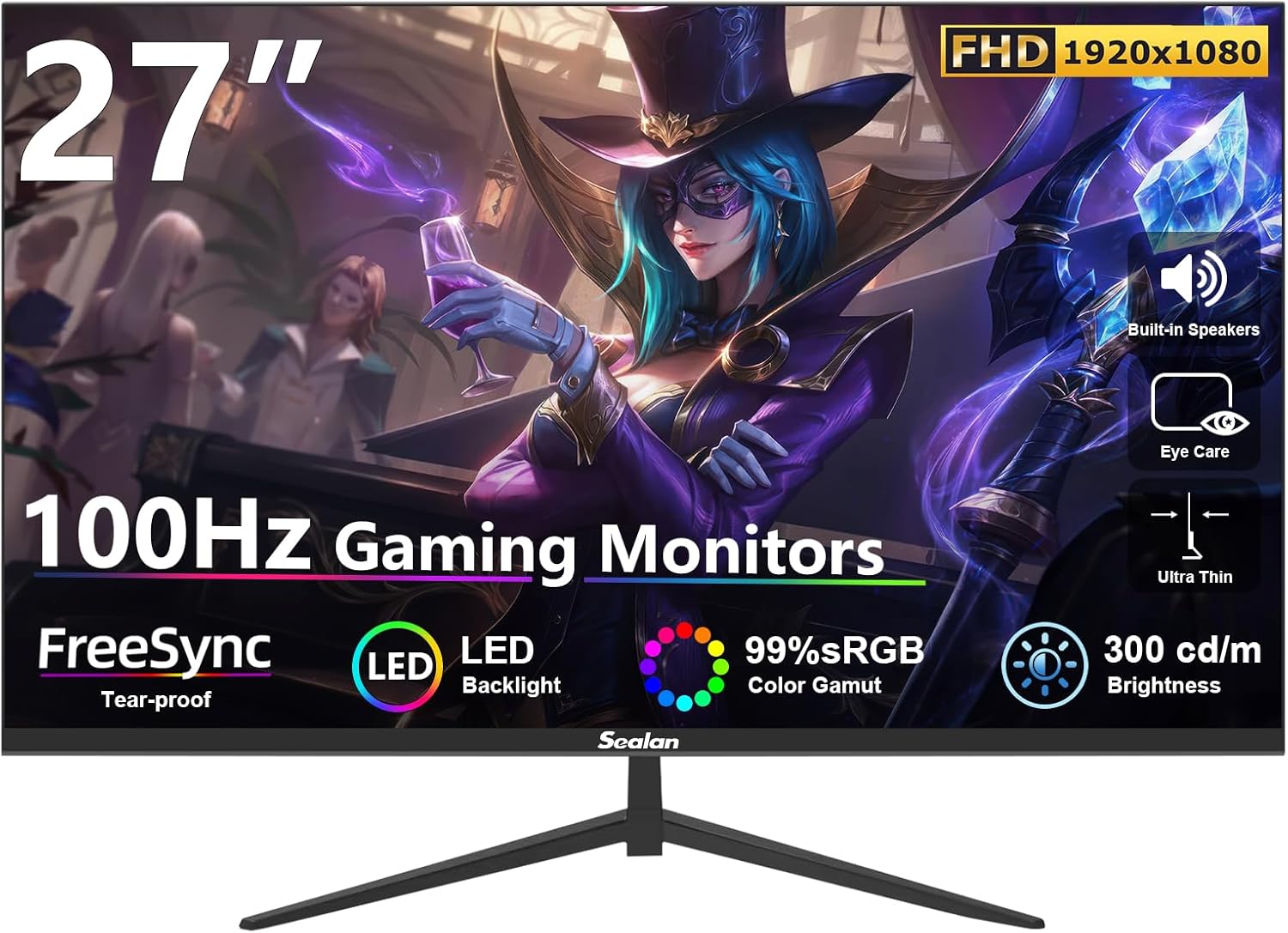 Sealan 27 in Computer Monitor, 100 Hz 1080p FHD VA Panel, Built-in Speakers for Home Office and Casual Gaming, Adaptive Sync, Black