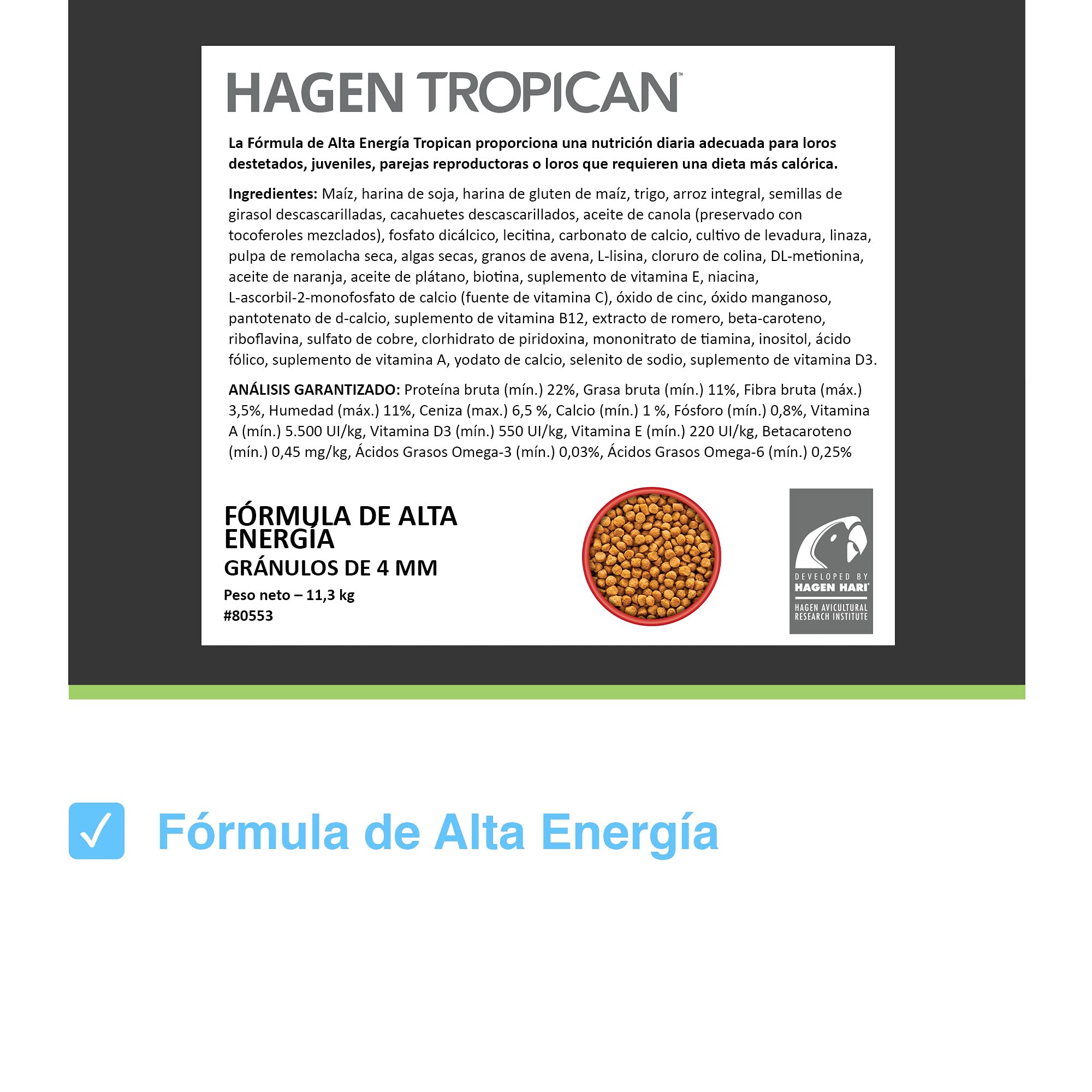 Tropican Alta Energía 11'34Kg Gránulo 4mm Pienso para Loros, Guacamayos, Cotorras y Ninfas | Hagen - Comida para loros con maní y semillas de girasol, gránulos de loro
