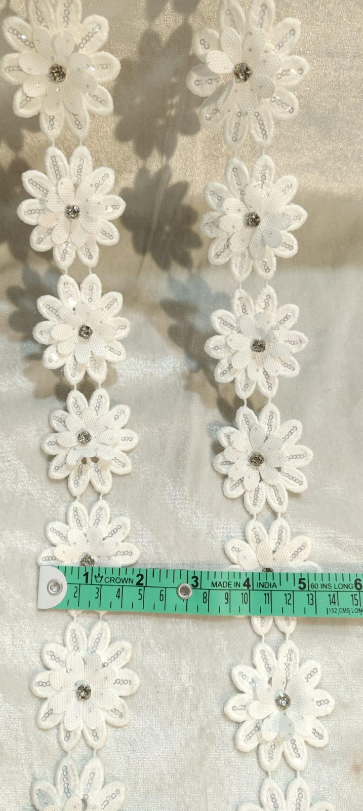 White Floral Lace Trim with Pearl and Crystal Embellishments, Polyester, 3 Metre, 5cm Width, Dress Embellishment Flower lace