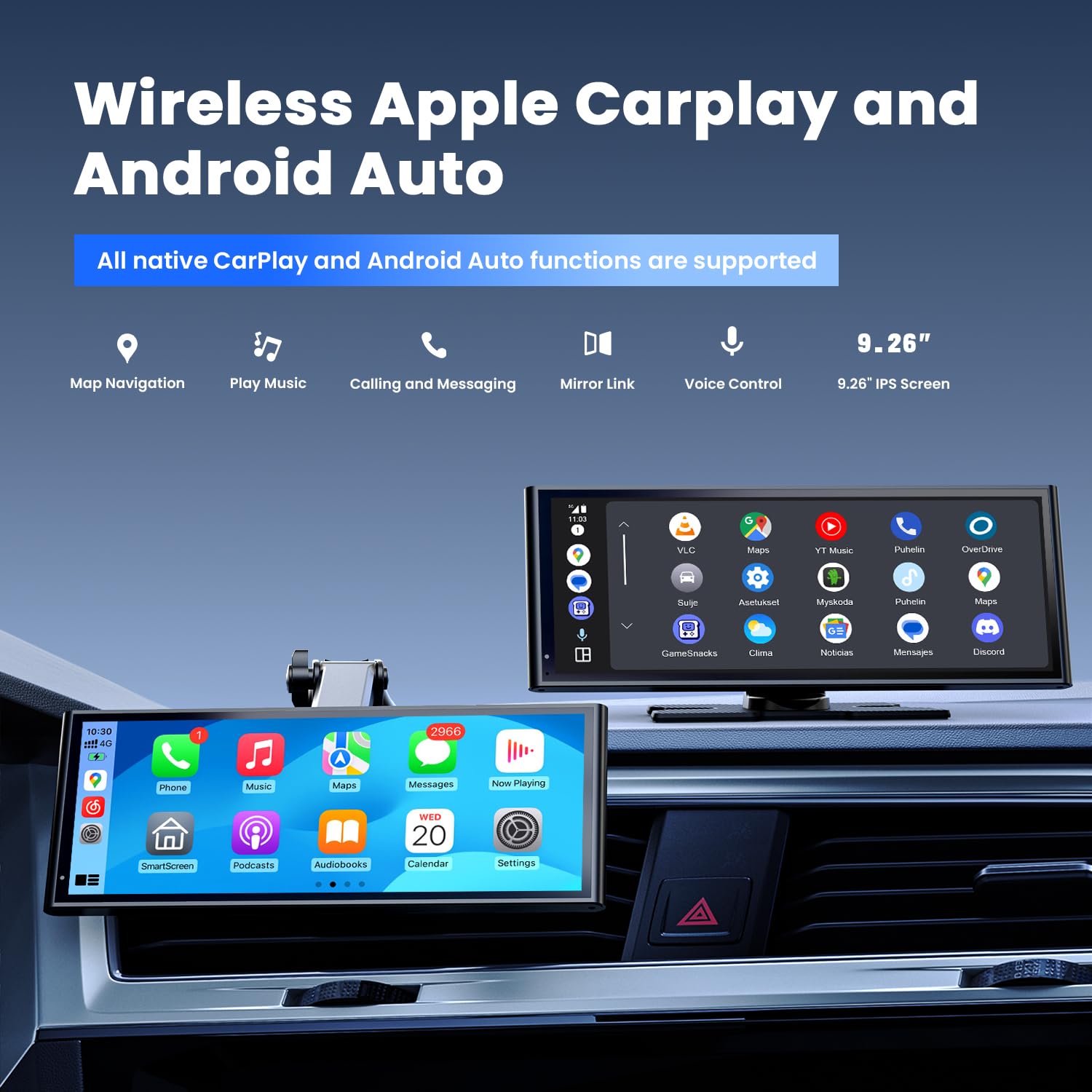 Krunia 9.26" Wireless Portable Car Play Screen for Apple CarPlay & Android Auto, OTA Updates, Backup Camera, Mirror Link, 5.0 Bluetooth, Voice Control, GPS Navigation, FM - 2