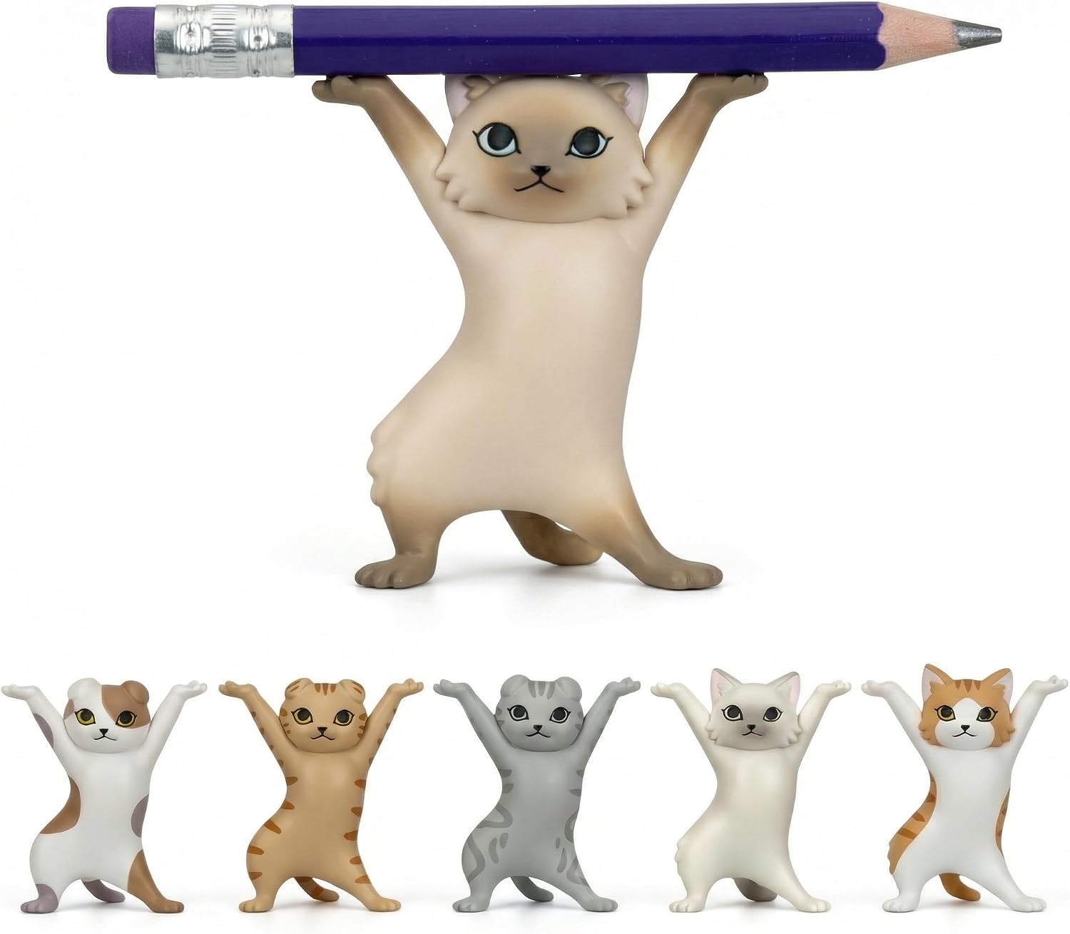 6-Pack Cat Pen Holder Set Mini Animal Desk Decor, Hand-Painted PVC Figurine