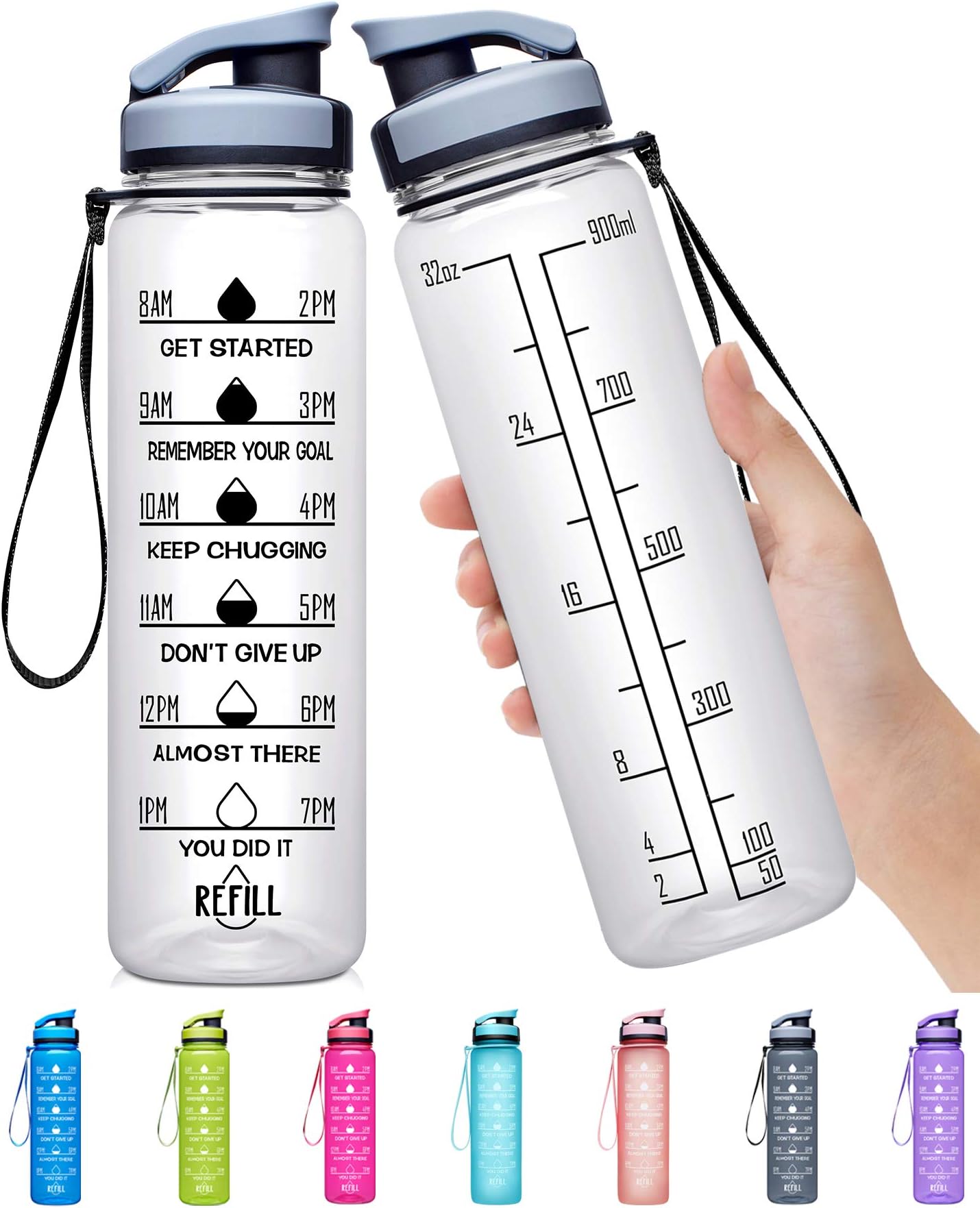 Elvira 32oz Large Water Bottle with Motivational Time Marker & Removable Strainer,Fast Flow BPA Free Non-Toxic for Fitness, Gym and Outdoor SportsTransparent-Black