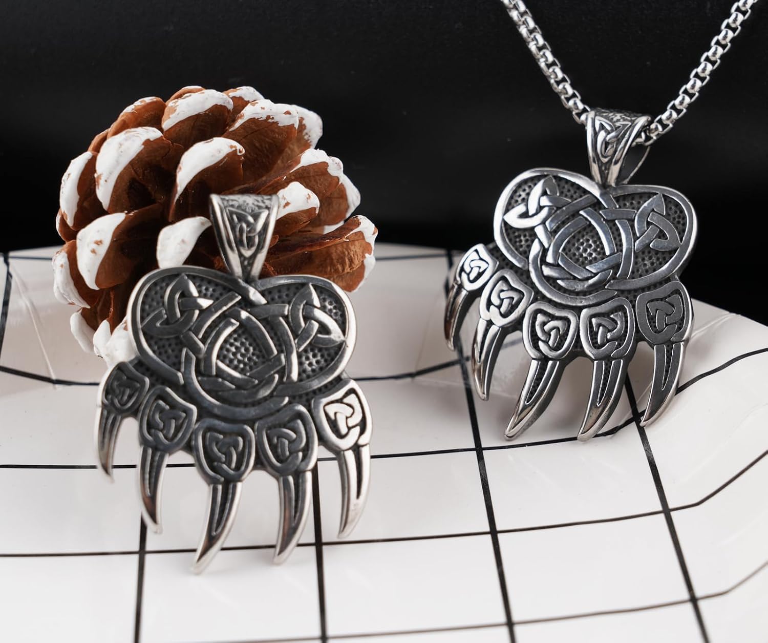 Viking Bear Necklace for Men,Bear Paw Pendant with Celtic Knot Pattern