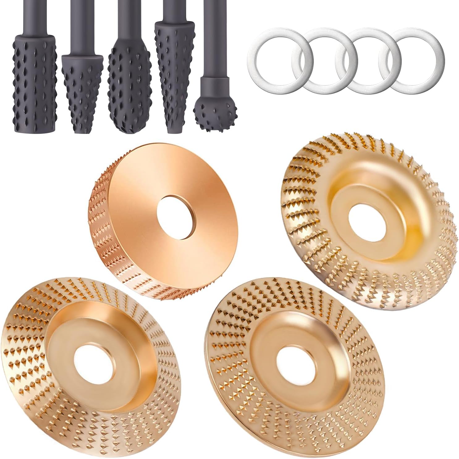 4PCS Angle Grinder Wood Carving Disc Set+5PCS Rotary Burr Rasp Set,4"or 4 1/2"Angle Grinder with 7/8"Arbor,Grinding wheel shaping discs for wood grinding,wood angle grinder accessories