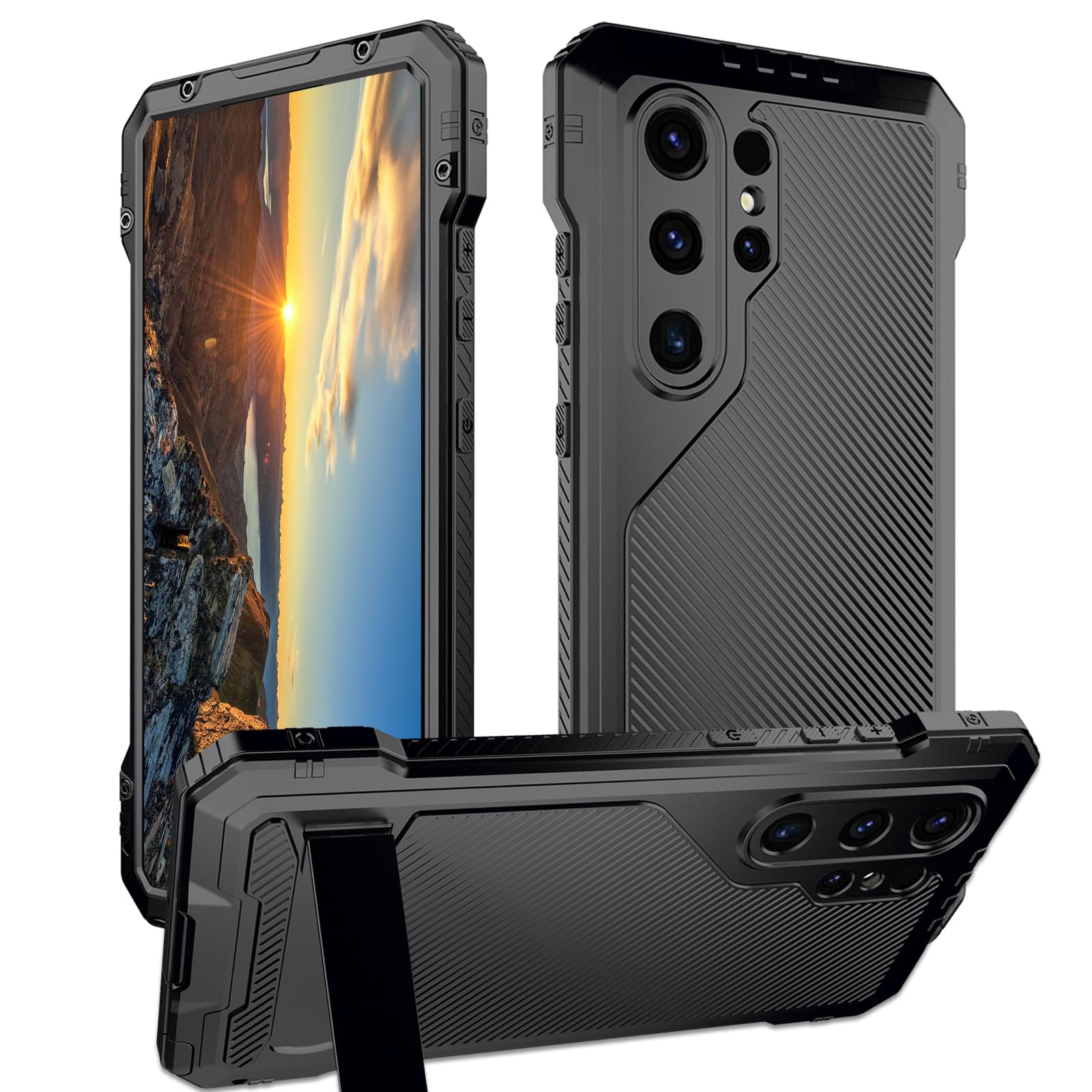 for Samsung Galaxy S24 Ultra Metal Case with Stand Screen Protector Durable Bumper Military Grade Shockproof Heavy Duty Rugged Full Body Kickstand Cover Fingerprint Compatible - Black