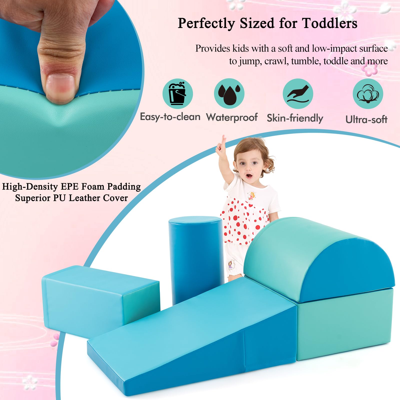 LIFEZEAL Set di 5 Blocchi Morbidi in Schiuma per Bambini 9-36 Mesi, Costruzioni, Libera Combinazione, Mattoni Cubi Componibile, Giocattolo Attività, con Scivolo, Arrampicata, Multicolore
