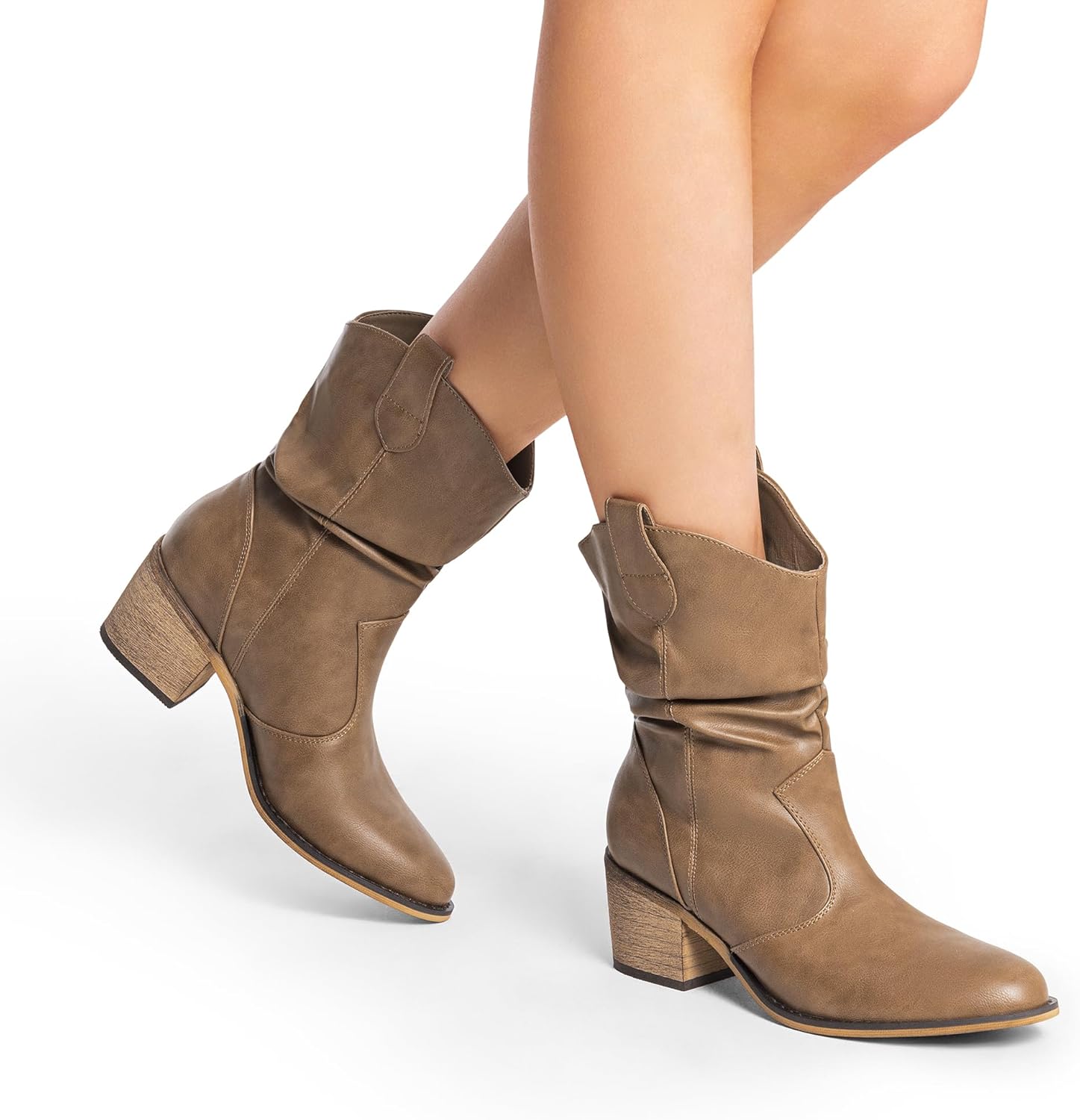 DREAM PAIRS Women's Modern Western Cowboy Boots, Mid Calf Round toe Chunky Heel Cowgirl Country Ankle Boots with Pull On Tabs 8 Mocha image 7 of 7 B0D5CXLK9K