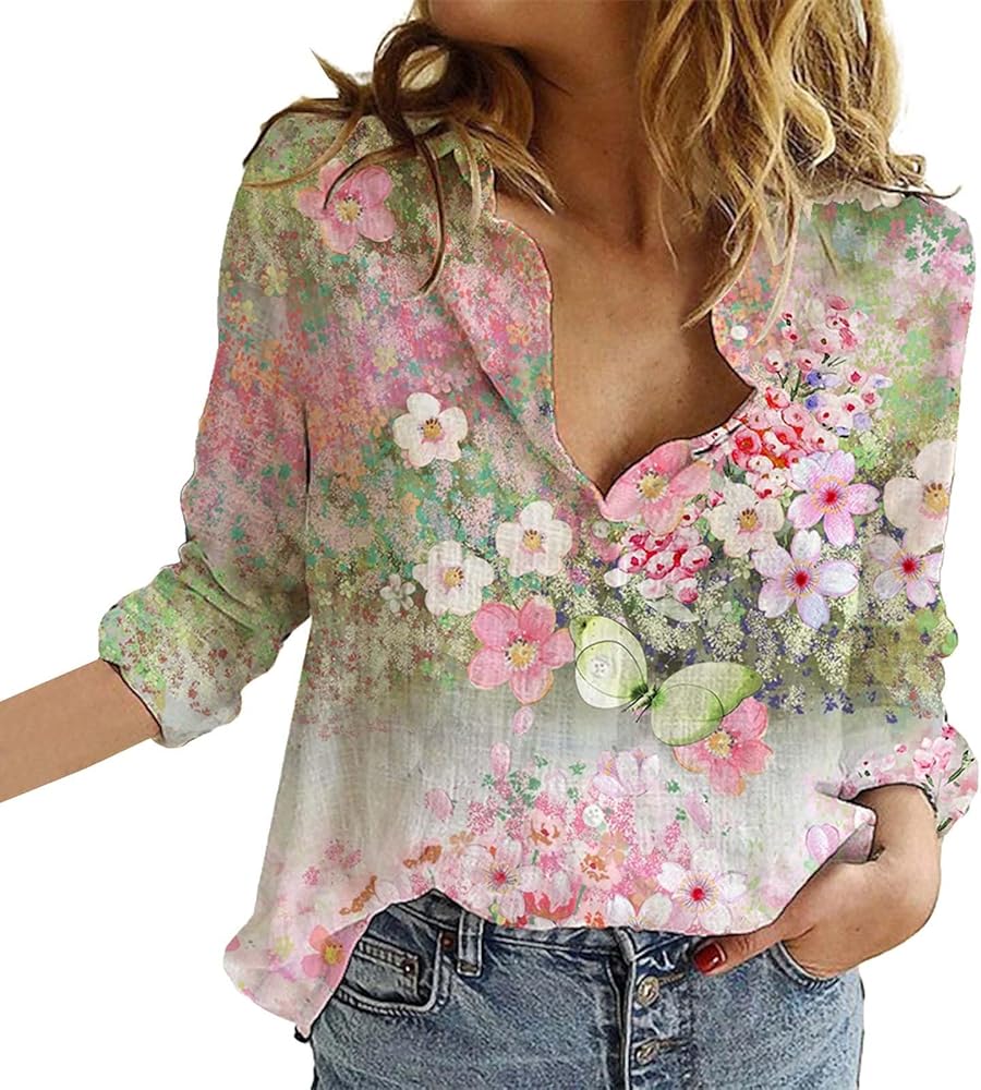 Chemise,Chemisier à Fleurs Style Boho Pour Femme,col En V,manches 3-4