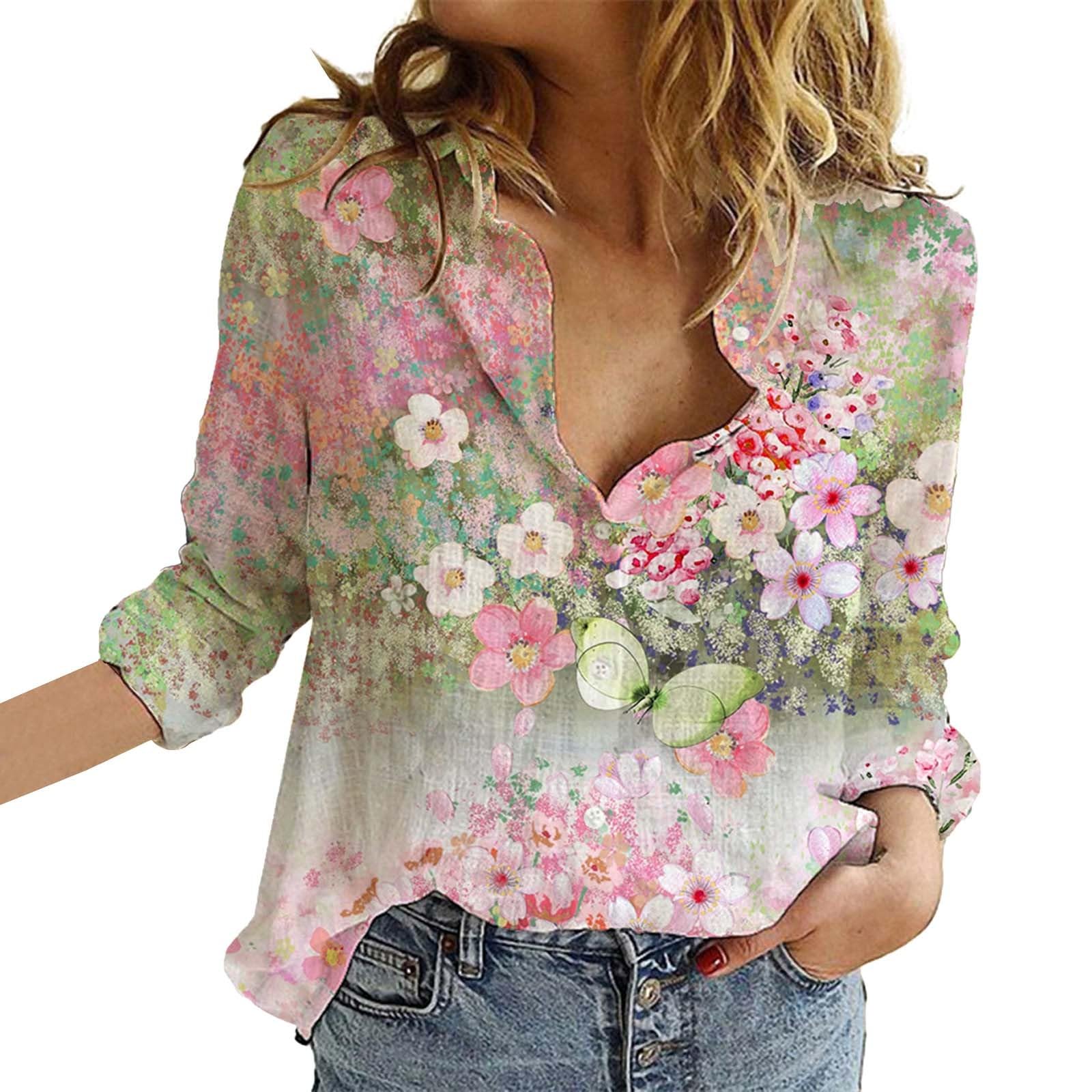 Women's Casual V Neck Boho Floral Print Roll Up Long Sleeve Chiffon Button Down Blouses Bohemian Top Shirts(Pink,X-Large)