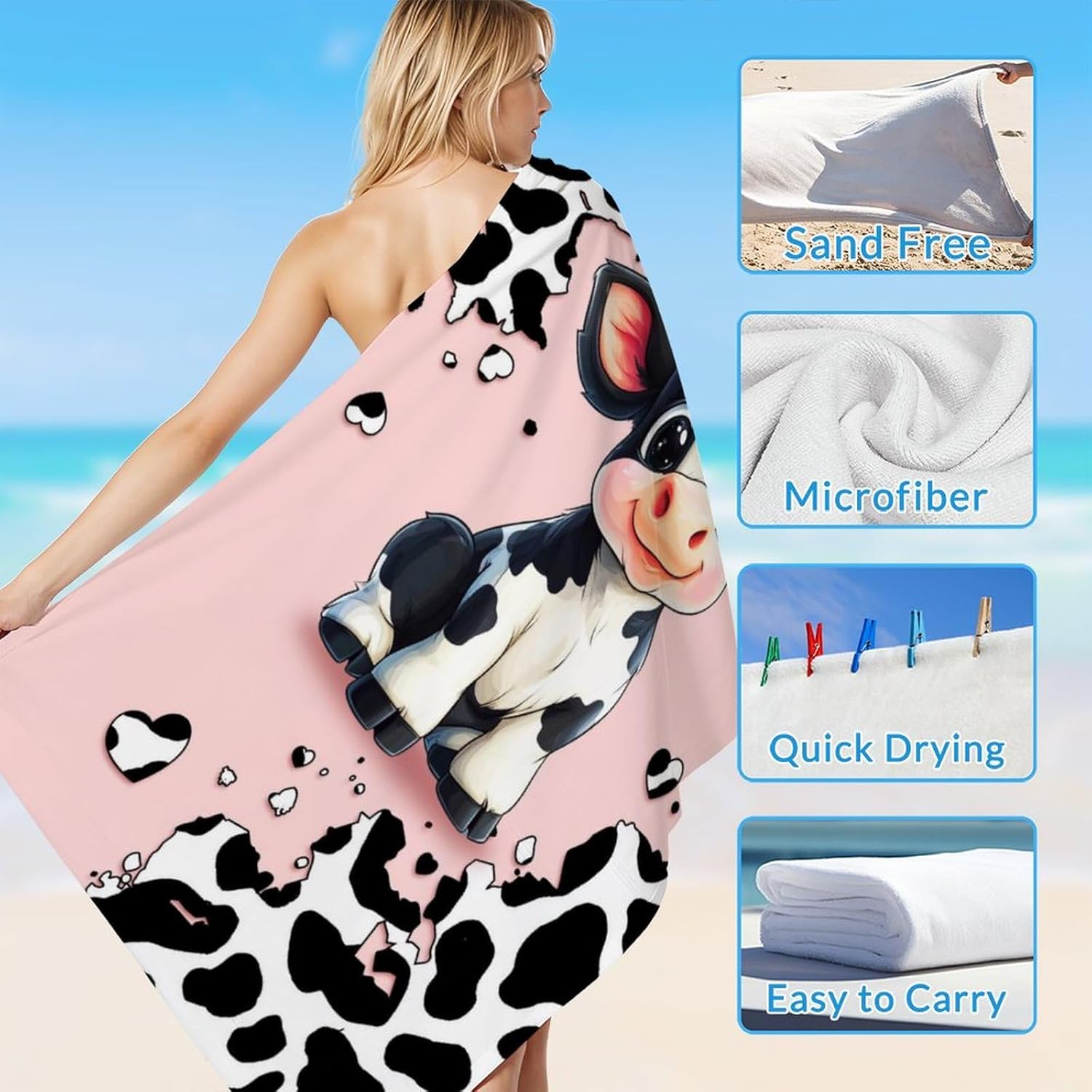 Beach Towel for Girls, 40”x70” Custom Cow Towels for Kids Adults Beach Gym Pool Bathroom Outdoor Hotel, Cute Beach Essential