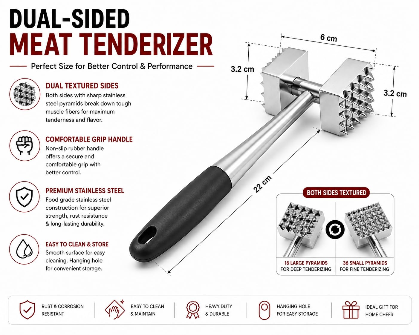 Zollyss Stainless Steel Meat Tenderizer Hammer | Dual-Sided Meat Mallet with Rubber Grip Handle | Meat Pounder for Steak, Chicken, Beef, Pork & Fish | Heavy Duty Kitchen Meat Hammer (Black) 1