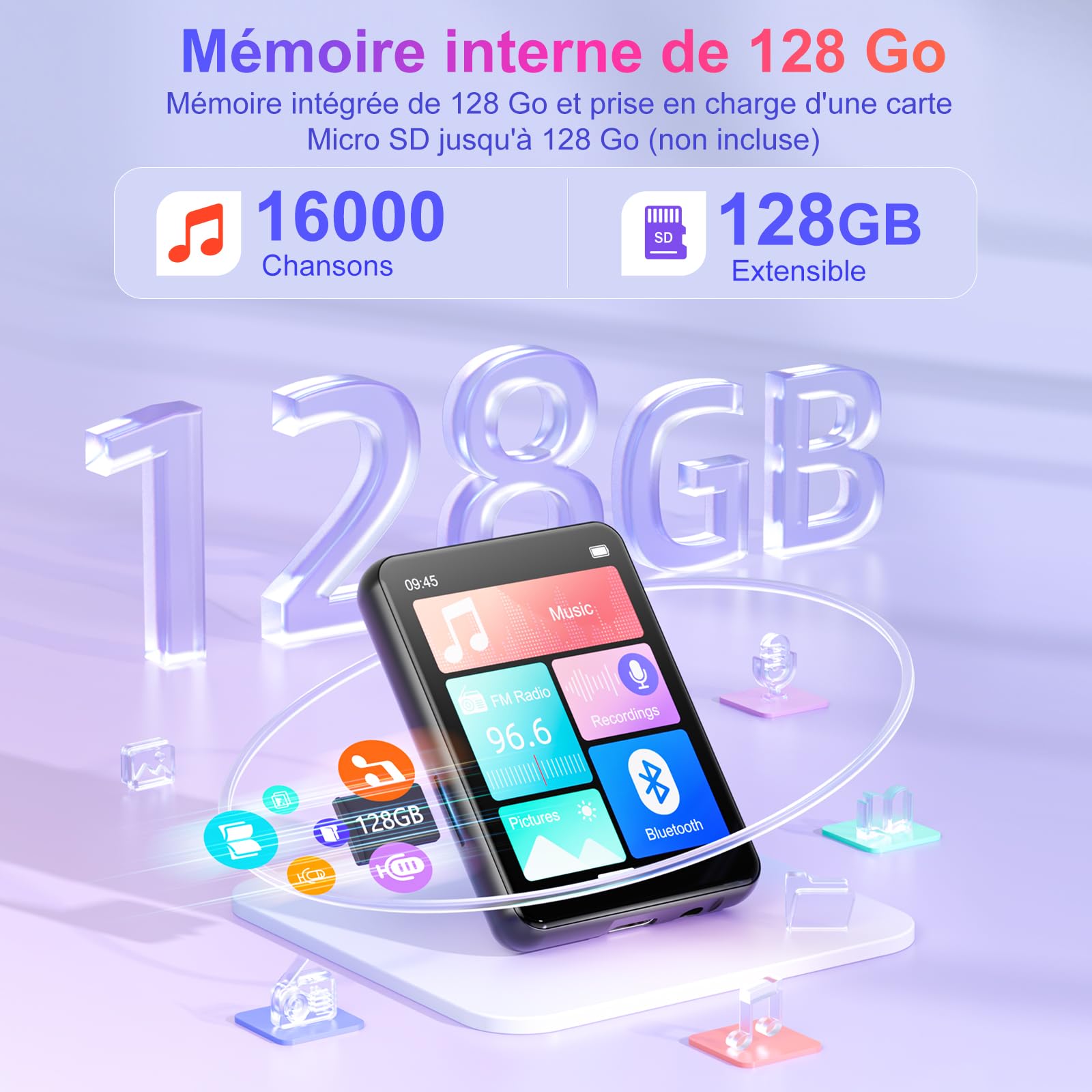 SWOFY MP3-Player 128 Go Avec Bluetooth 5.3, écran Tactile 2,4 Pouces, Son HiFi, Haut-Parleur Intégré, Fonction D'enregistrement, Radio FM, Extensible