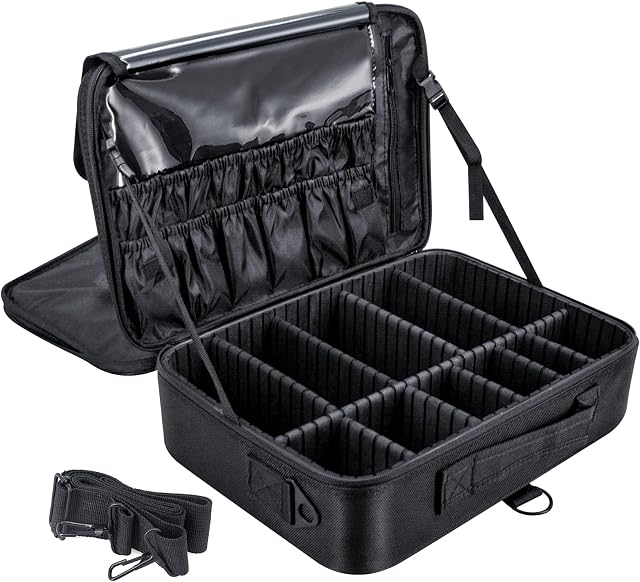 Makeup Organiser Box Vanity Cases: Make up Case Cosmetic Storage Box - Professional Large Travel Makeup Artist Bag with Compartments - Women Vanity Beauty Kit Organizer for Make up Cosmetics | Black