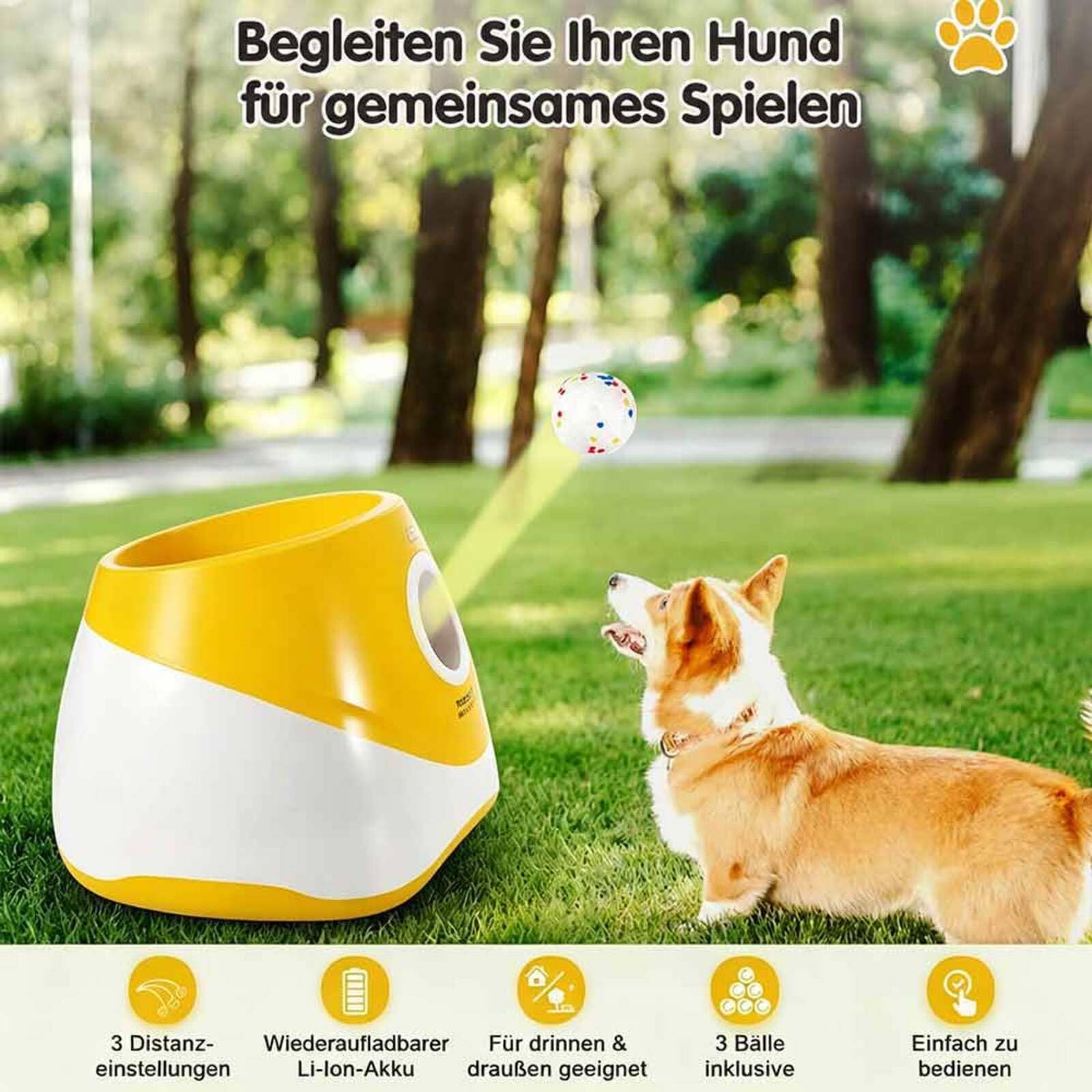 Ballwurfmaschine Hunde, Automatischer Hundeballwerfer mit Tennisball, Interaktives Hundespielzeug für Indoor und Outdoor