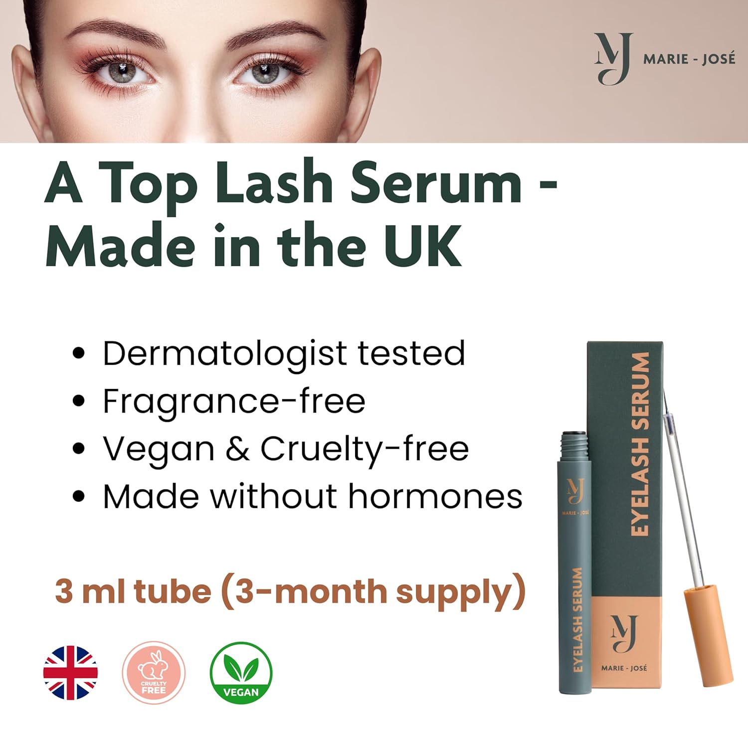 Marie-José Multi Peptide Lash Serum – Hormone-Free Eyelash Serum for Stronger, Fuller-Looking Lashes | Gentle Formula for Sensitive Eyes & Contact Lens Wearers | 3 ml