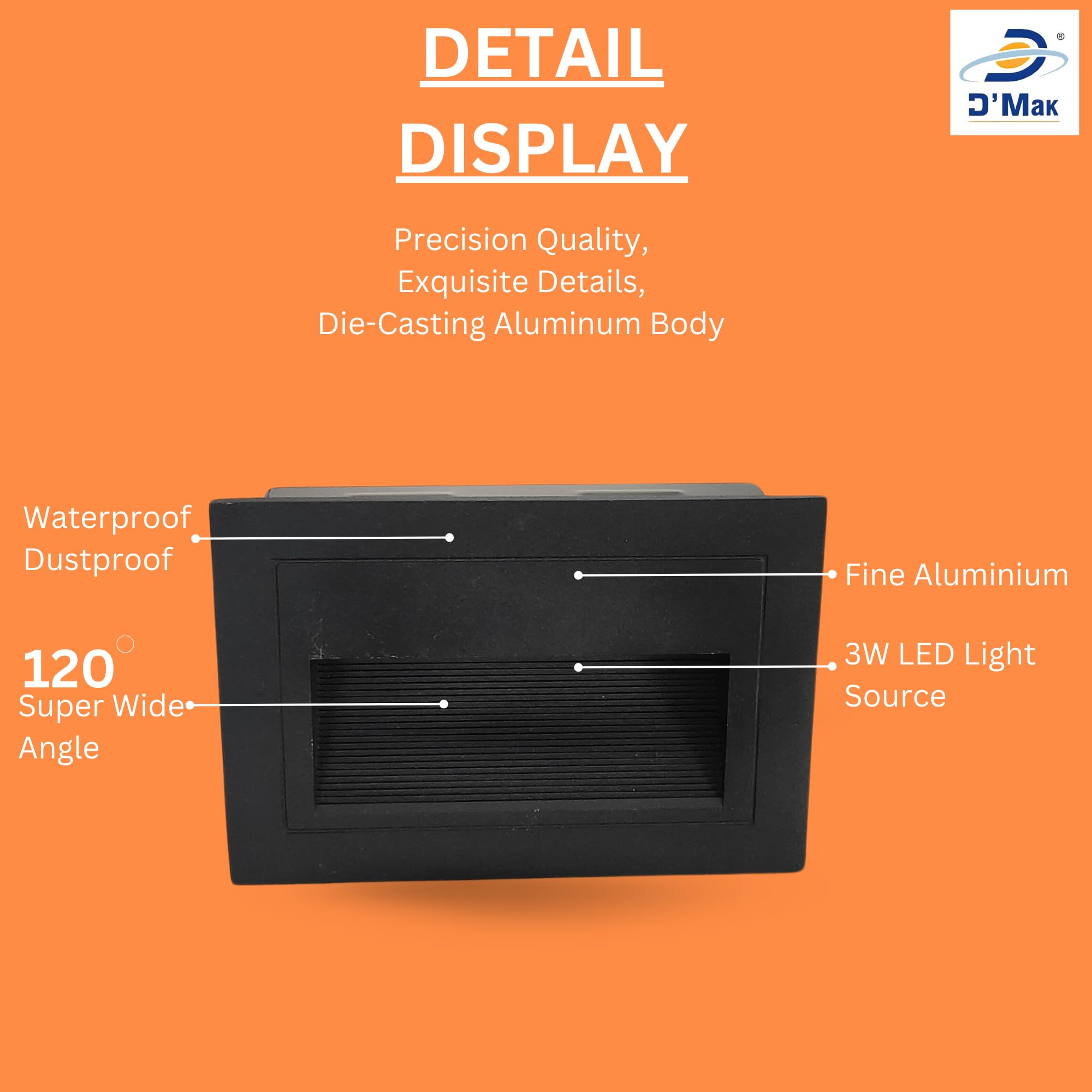 D'Mak 5Watt Square Recessed Aluminum Embedded Staircase Corner Outdoor Led Step Light Foot Light/Starircase (Black Body, Pack of 4) 3