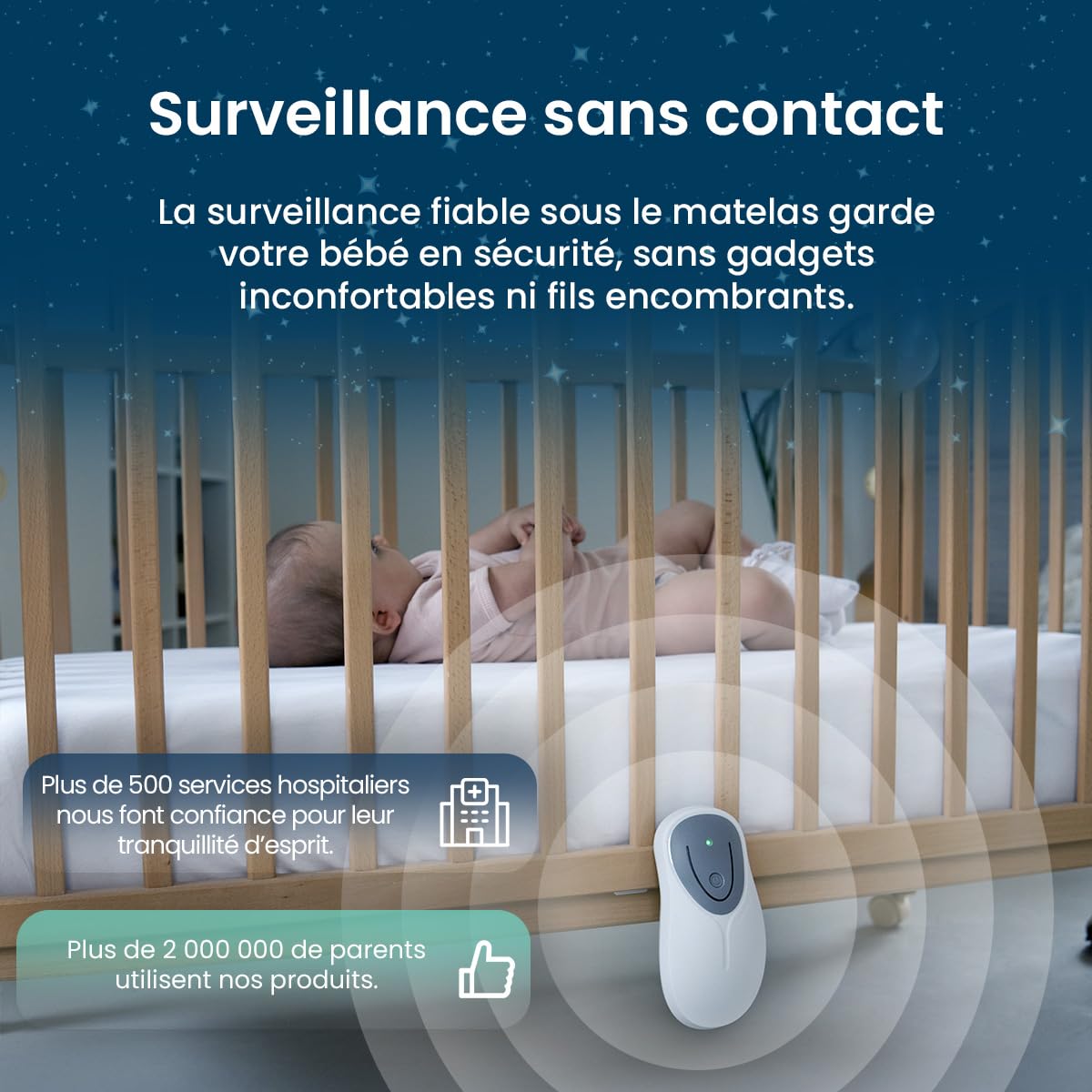 Moniteur de Mouvement pour Bébé - Babysense 8, pour Usage Domestique, Alerte en Temps Réel en Cas d'Absence de Mouvements, Détecte et Notifie Les Irrégularités, Couverture Complète avec 2 Capteurs