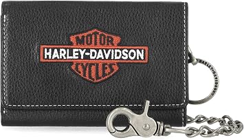 Harley-Davidson Mens Bar & Shield Embroidered Leather Trifold Wallet w/Chain