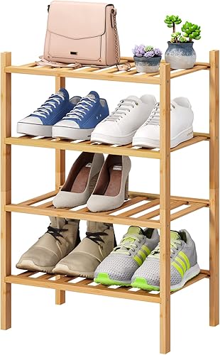 Miniatura 34 de Zapatero blanco, zapatero de madera de bambú de 3 niveles para armario, entrada y pasillo, y organizador de almacenamiento apilable para interiores
