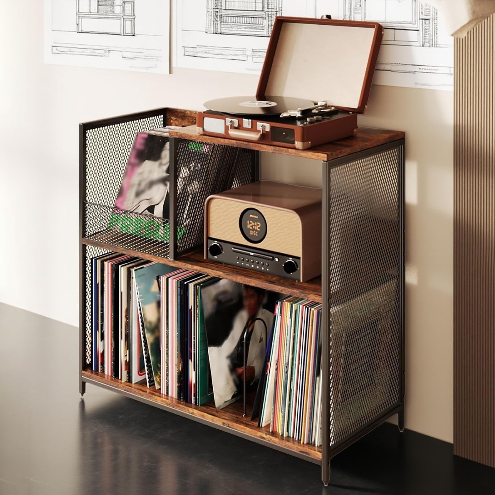 FORRTY Grande Libreria for Vinili A 3 Livelli, Conserva Fino A 300 LP, Supporto Giradischi in Metallo E Legno, Stile Industriale, Mobile Porta Vinile E CD for Soggiorno/Ufficio/Camera