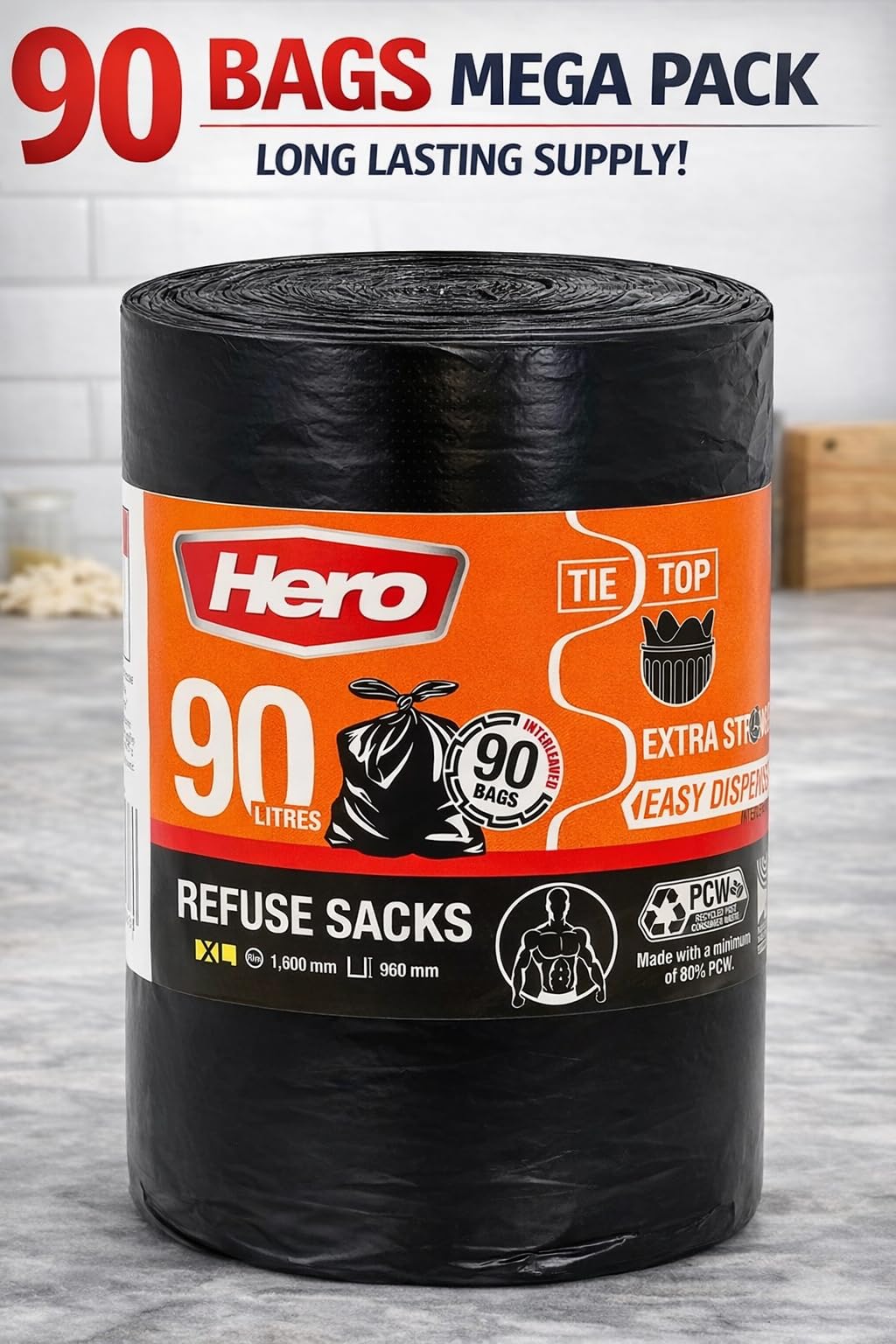 Hero Bolsas de basura extrafuertes, bolsas de basura negras, con parte superior de corbata, 90 litros, paquete de 90 unidades