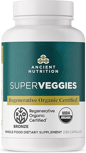 Ancient Nutrition Cápsulas SuperVeggies con certificación orgánica regenerativa, apoya la salud intestinal y del sistema inmunológico, hechas con