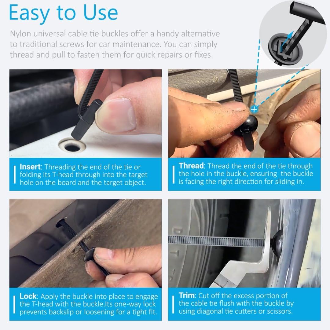 150Pcs Upgraded Nylon Universal Cable Tie Buckles for Car, Aymier Heavy Duty T Rivet Zip Ties, Double-Side Self-Locking Automotive Zipper Clips for Fender Trunk Bumper Repair, Home, Garage