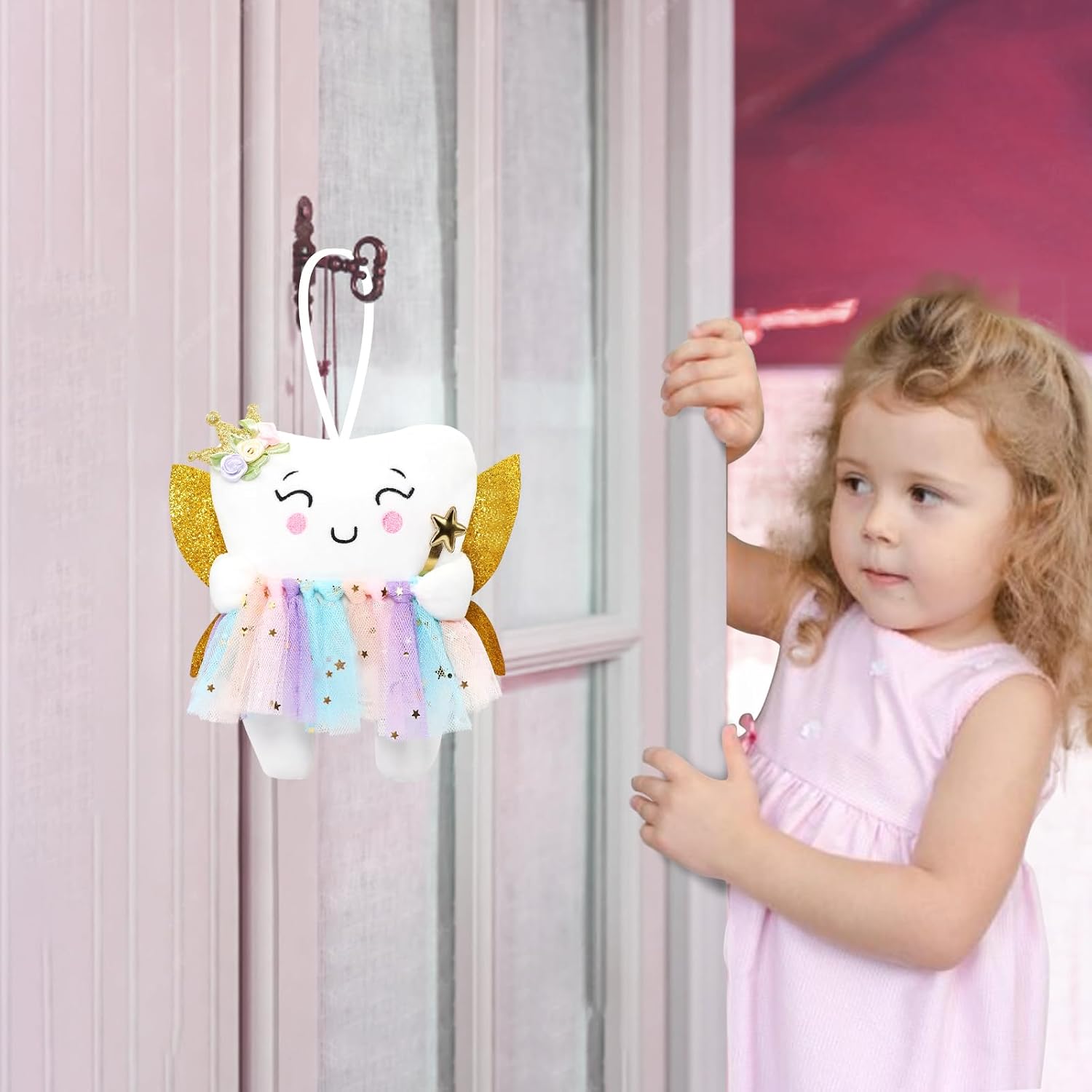 Tooth Fairy Pillow with Shiny Wings Embroidered Tooth Fairy Doll with Pocket Crystal Velvet Tooth Fairy Souvenir Boy Girl Gift (White) (Second Edition)
