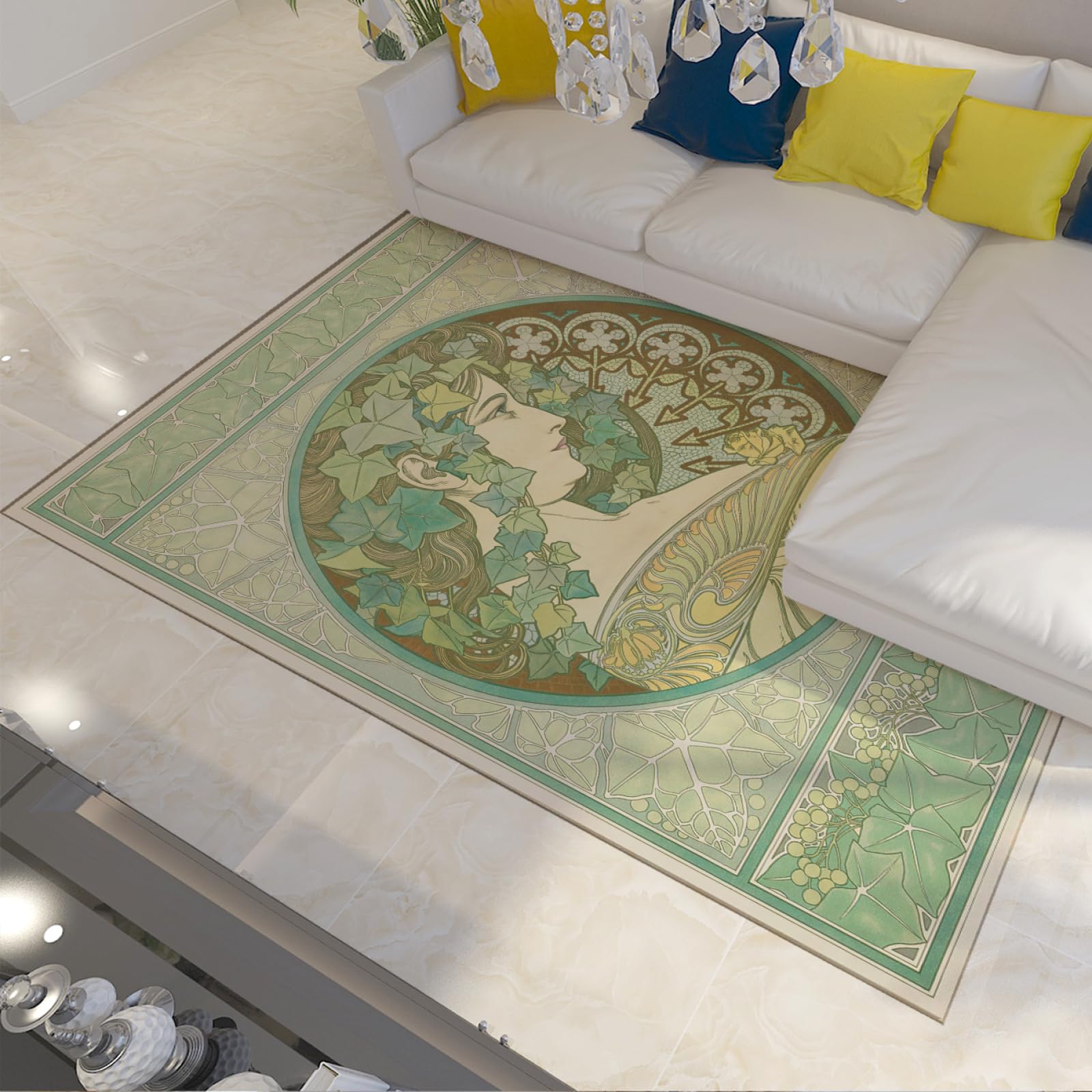 Tapis Alphonse Mucha Lierre 180x240cm : grand modèle lavable en peluche douce verte
