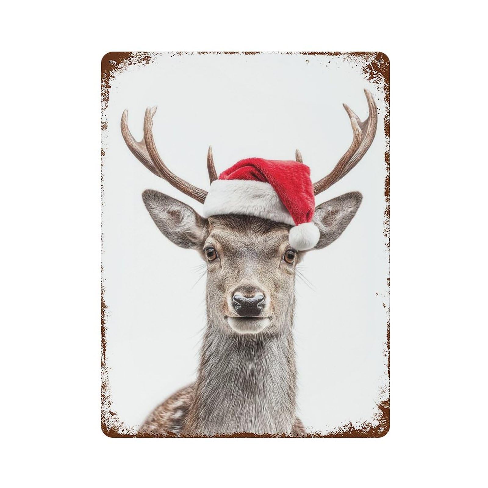 Garage Style Christmas Deer with Santa Hat Portrait Vintage Rust Metal Sign 15.7"x11.8", Rustic Home Decor for Bar And Workshop