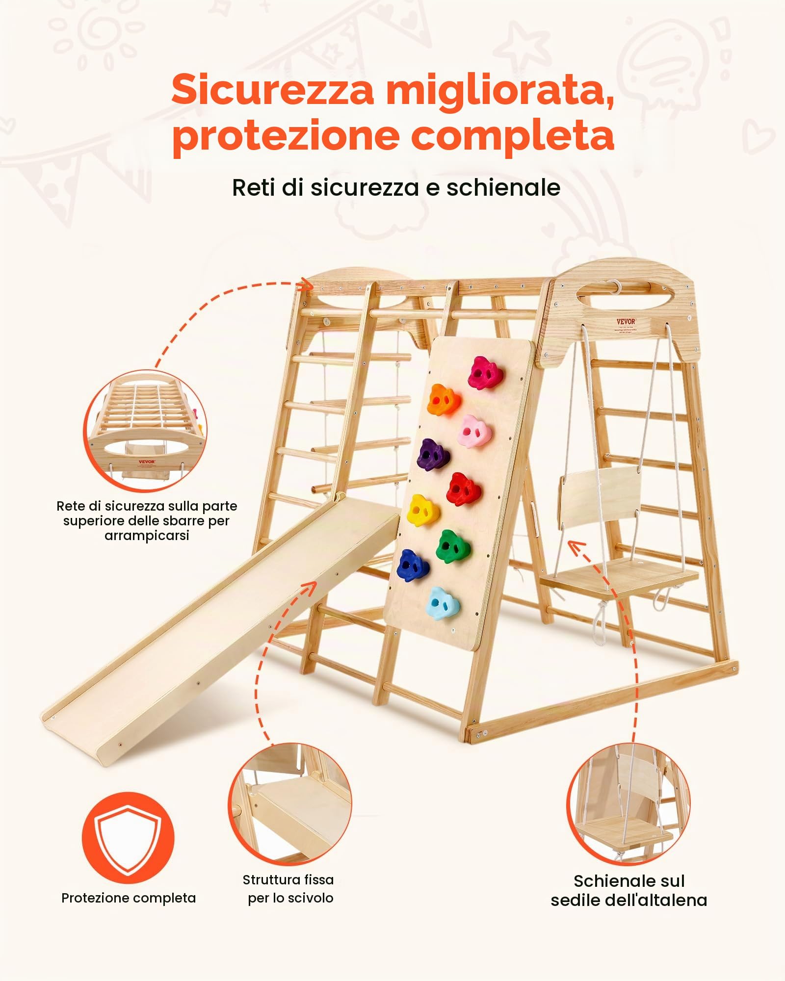VEVOR Struttura da Gioco Interna 7 in 1 per Bambini, Palestra Multifunzionale con Scala in Legno e Corda Altalena Sbarra Scivolo Parete da Arrampicata, per Divertimento al Coperto con Più Bambini