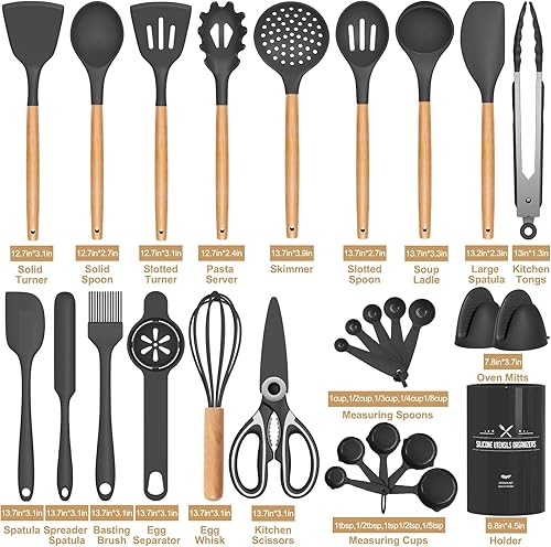 Miniatura 2 de AIKKIL - Juego de 28 utensilios de cocina de silicona, resistentes al calor, juego de espátulas de cocina de silicona con asas de madera y soporte
