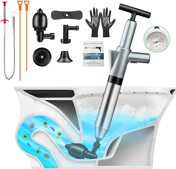 jojnawa High Pressure Toilet Plunger, Toilet Snake Air Drain Blaster with Real -Time Barometer, Heavy Duty Drain Clog Remover for Bathroom, Floor, Shower, Kitchen Clogged (Gery-Manual)
