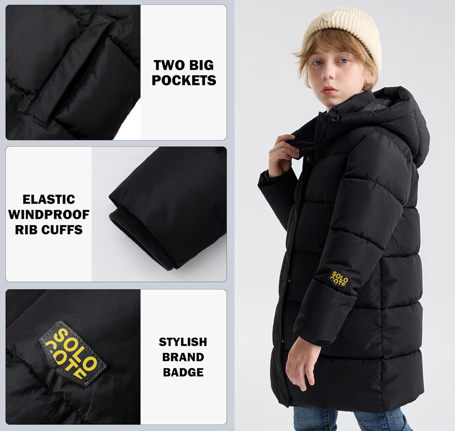 SOLOCOTE Boys Winter Coat – Heavyweight Water-Resistant Elastic Cuffs Soft Lining with Hooded Puffer Parka - Image 6