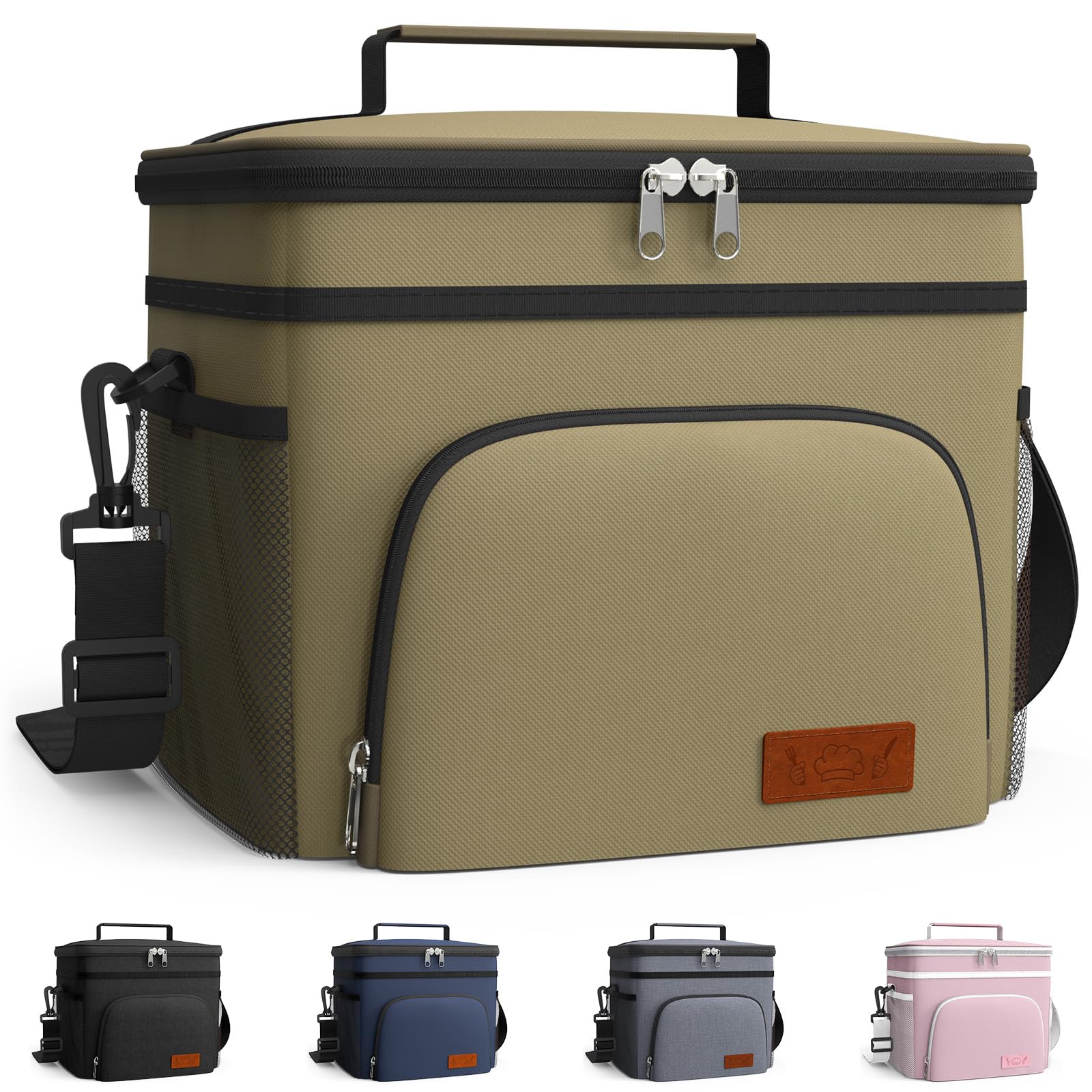 HOTOR Insulated Lunch Box for Men & Women - Leak-Proof Cooler Lunch Bag with 4 Pockets, Adjustable Strap, Ideal for Work, Picnic, Travel - Large, Brown, 13.0"×7.9"×9.1"