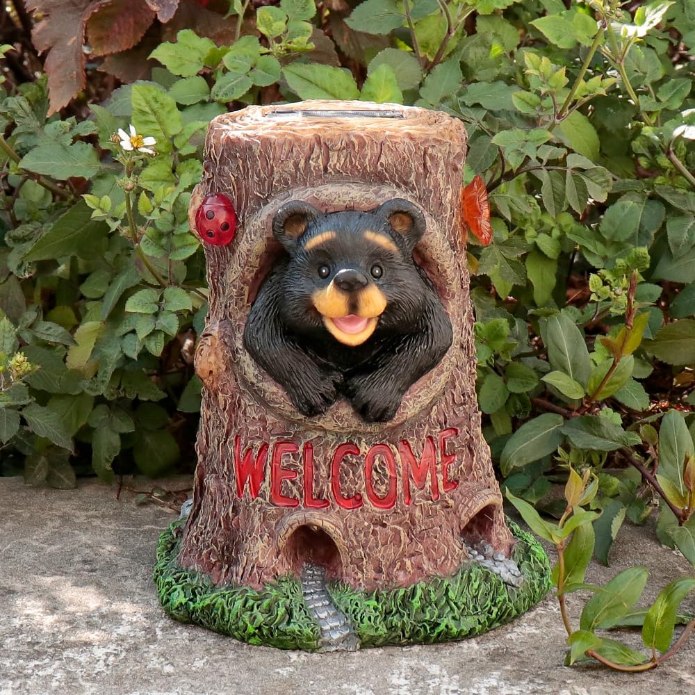 Solar Light Fairy Tree House with Bear Statue - Fun Natural Bear Figurine Sculpture with Solar LED Lights for Indoor Outdoor Art Decorations, Patio Yard Lawn Ornaments Gift