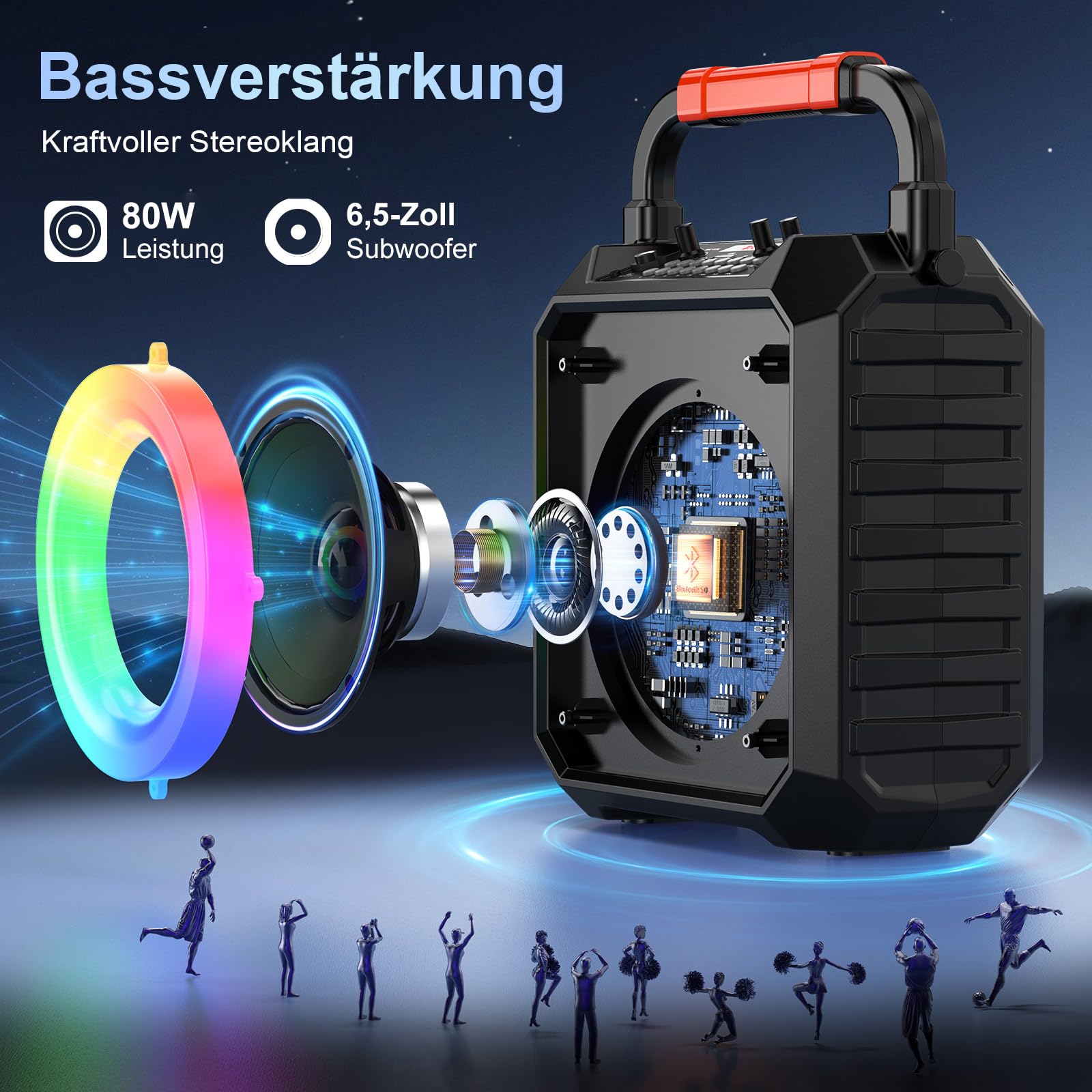 JYX Karaoke Maschine mit 2 kabellosen Mikrofonen, Bluetooth 5.3, 80W Lautsprecher, 6,5-Zoll-Bass, bis 12 Std., LED-Licht, USB/TF/AUX, tragbares Karaoke Set für Kinder und Erwachsene