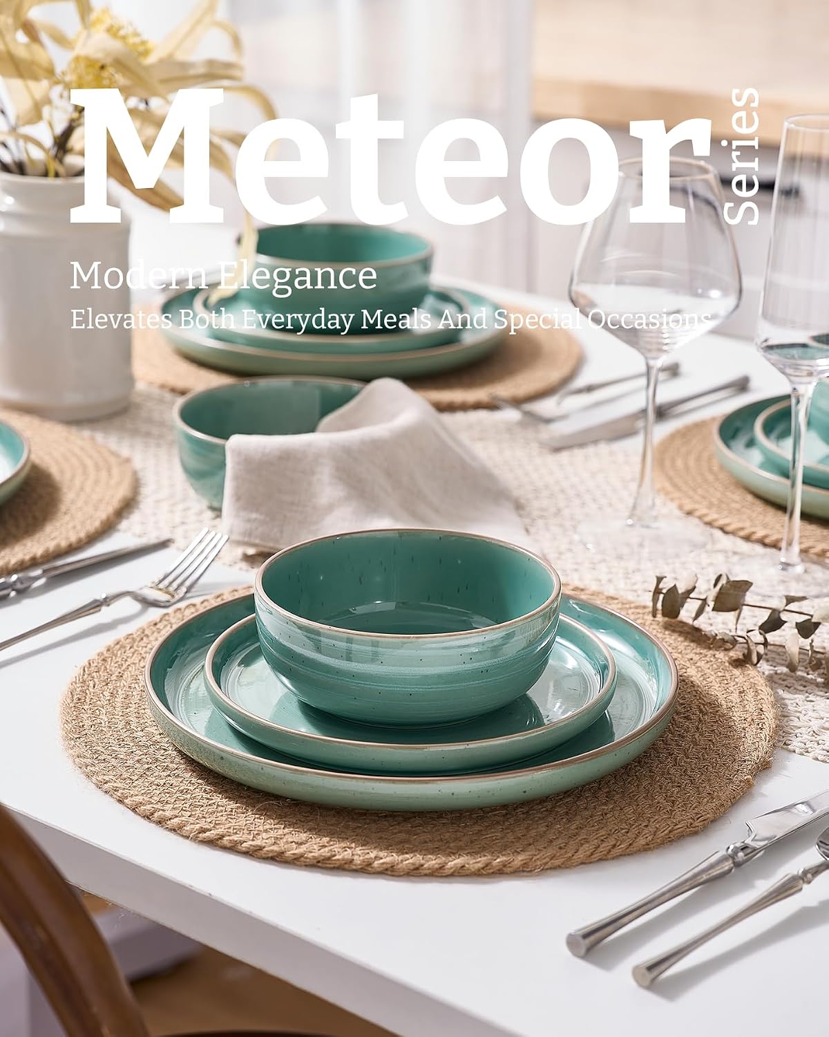 Condition photo showing As Is for famiware meteor plates and bowls sets for 4, 12 pieces dinnerware sets, microwave and dishwasher safe dishes set, peacock green