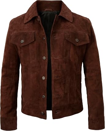 Mens Suede Leather Brown Trucker Jacket - Mens Western Cowboy Jacket Suede Leather Jacket for Men