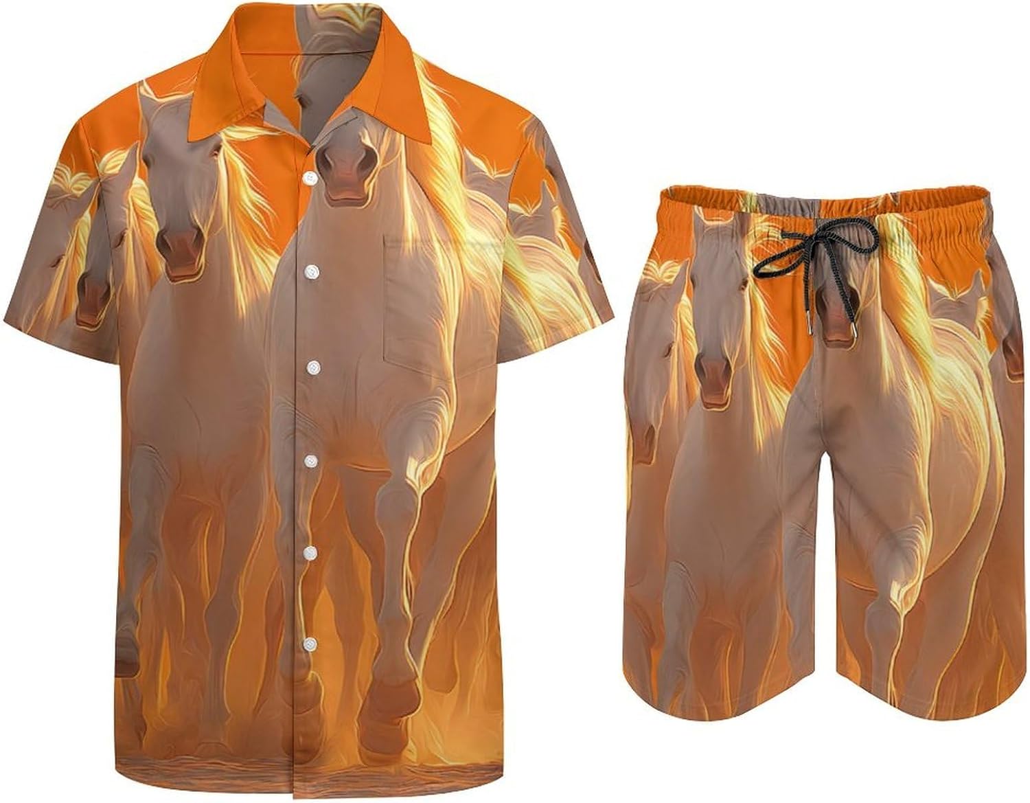 Running Horse Sunset Dust Men's Summer Beach 2 Piece Outfits | hawaiian button down shirt and shorts,vacation cruise,mens bathing suit
