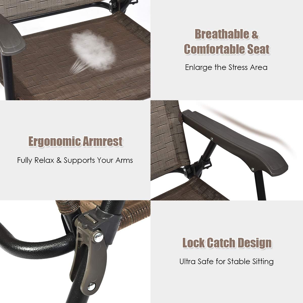 Giantex Set of 2 Patio Chairs, Outdoor Folding Lawn Chairs for Beach, Camping, Backyard, Deck, Sling Patio Dining Chair with Armrest and Metal Frame (Brown)