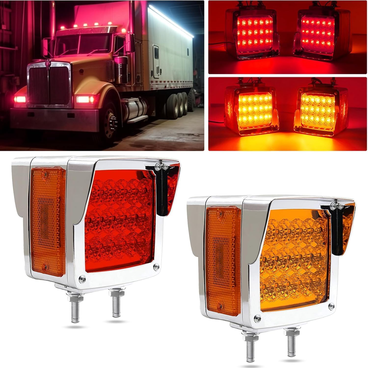 Ourbest [Add Visor] LED Pedestal Lights Dual Face Turn Signal Stud Mount with Side Lamp Reflector for Heavy Truck Cargo Trailer(Driver/Passenger Sides, Red Amber)