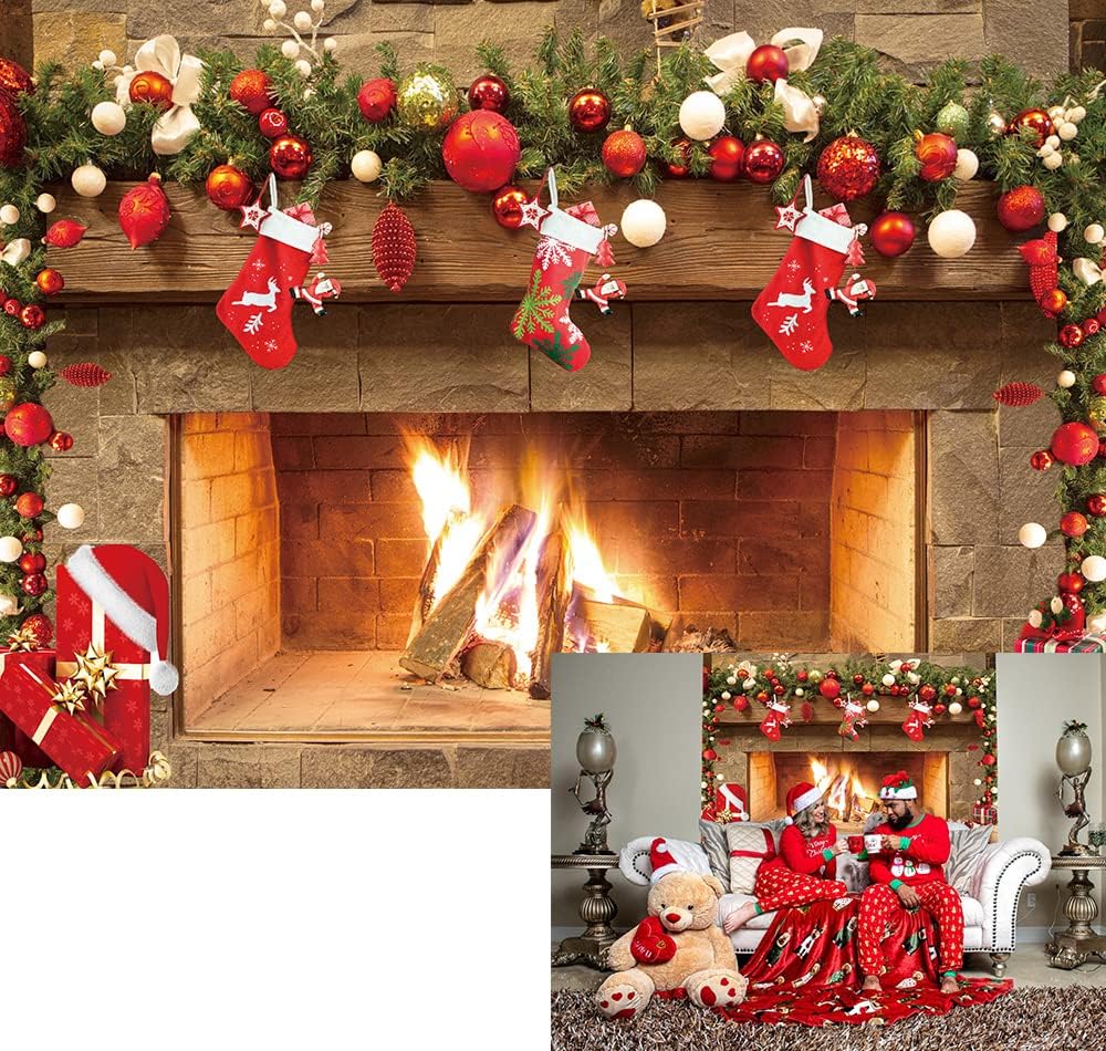Christmas Fireplace Backdrop for Photography 8x6FT Santa Claus Sock Gifts New Year Photo Background for Xmas Family Party Pictures Photo Booth Studio Props