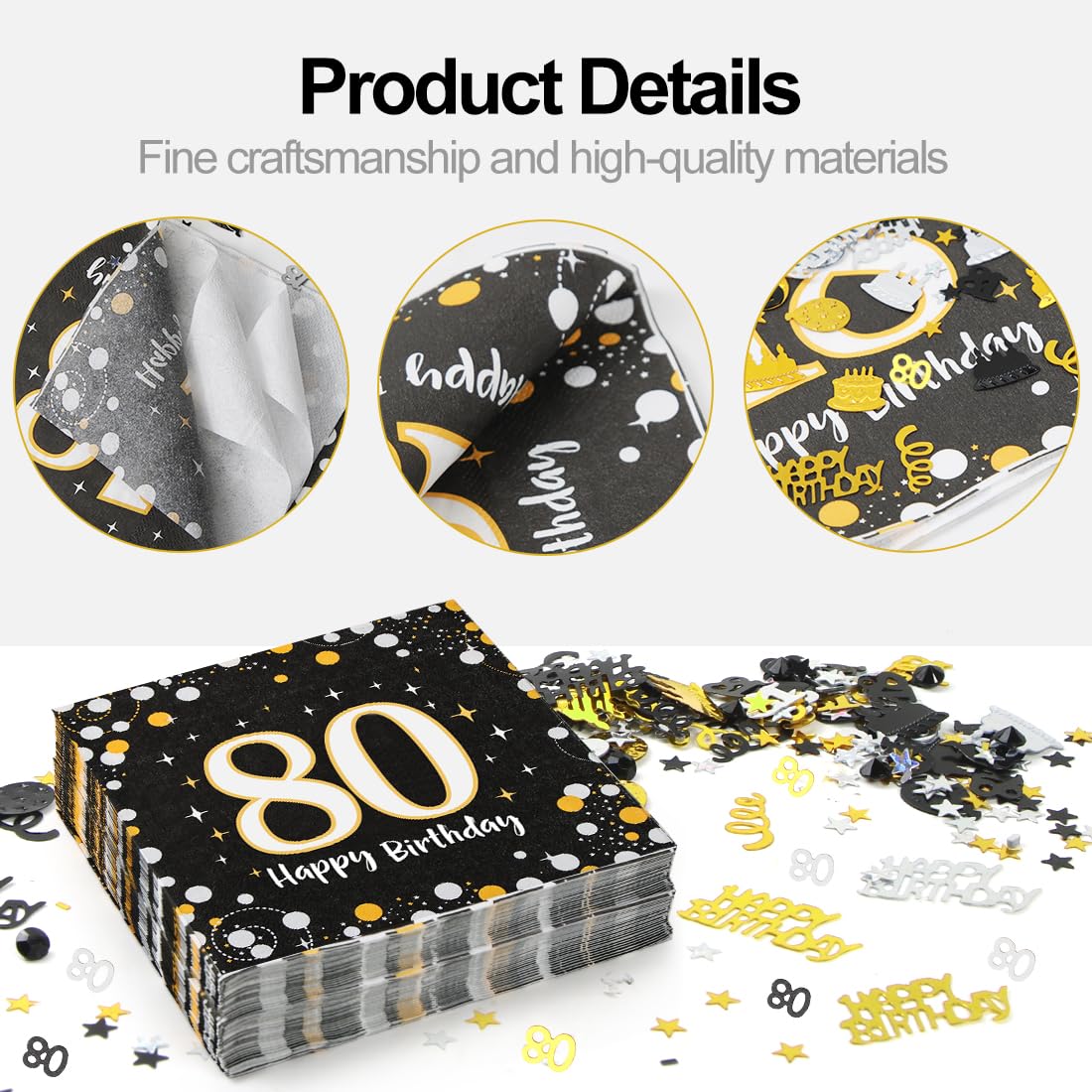 Décoration 80e Anniversaire – Lot De 20 Serviettes + 12 Photophores + 12 Ballons + Guirlande + Confettis – Thème Vert Et Or – Pour Fête Homme/femme - 14