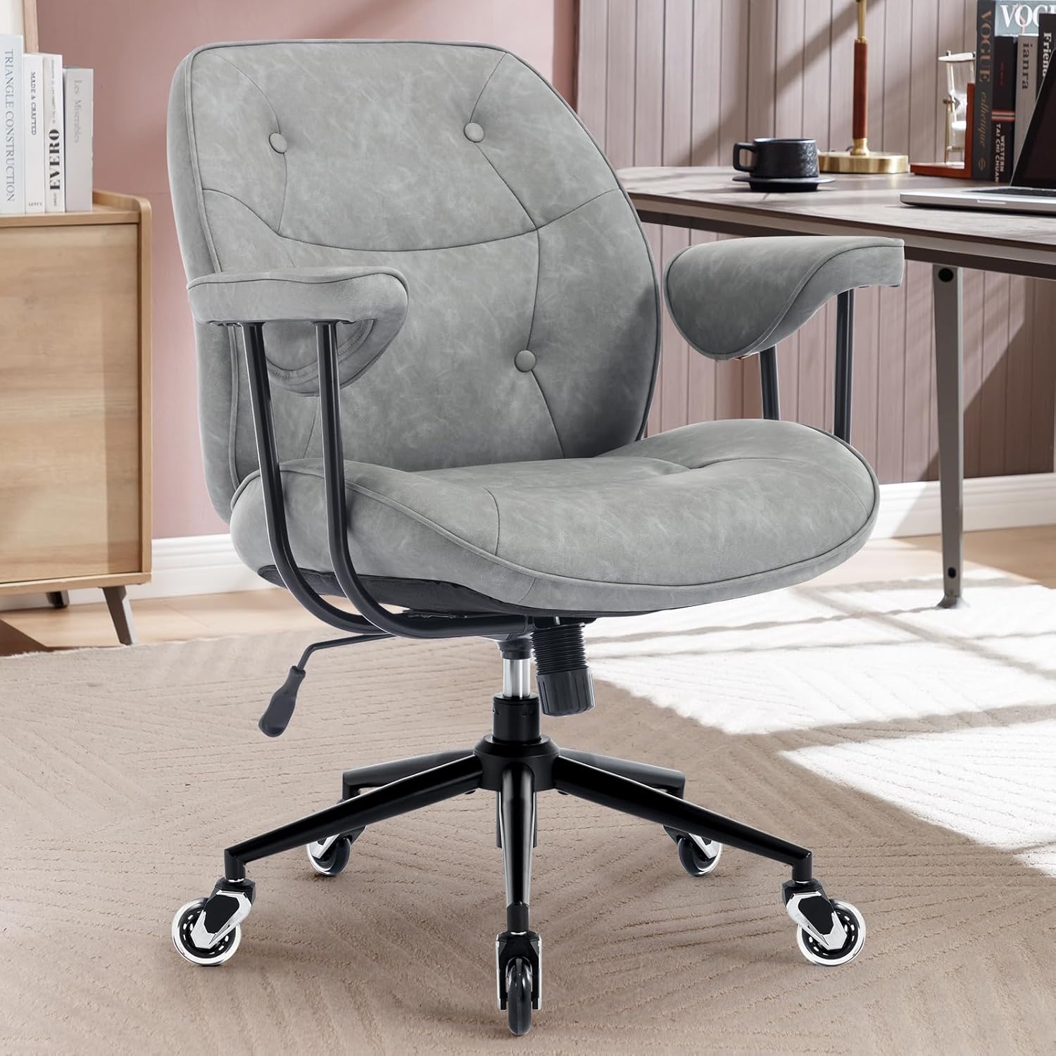 Home Office Desk Chair Retro Faux Leather Chair with Lumbar Support &Rubber Wheels, Mid Back Ergonomic Computer Chair Swivel Rolling Work Chair