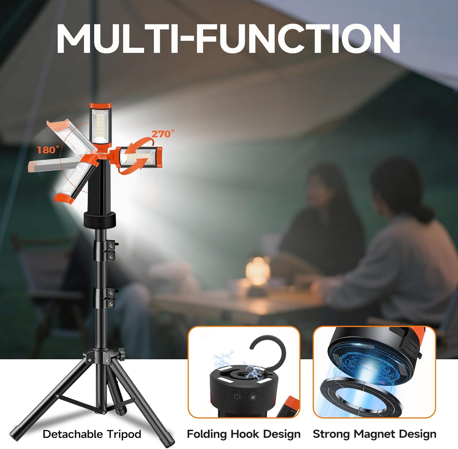 Rechargeable Camping Light with Hook and Magnet Design, 9000mAh Cordless Work Light with 3 LED Lamp Heads, 2200 Lumens Camping Essentials Gear Emergency Flashlight(NO Tripod)