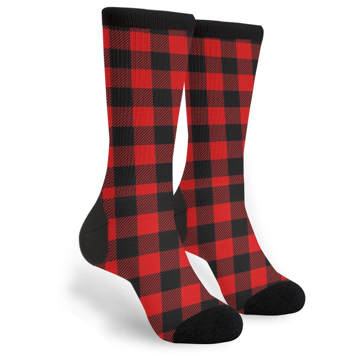 FWSXIVN Red Black Buffalo Check Plaid Pattern Casual Cool 3D Printed Crazy Funny Colorful Fancy Novelty Graphic Crew Socks, Men's 7.5-12, Women's 5.5-10